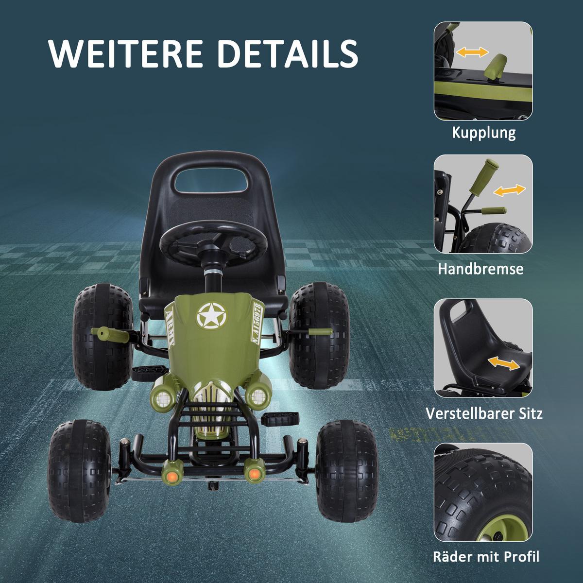 GO Kart Kettcar mit Handbremse Kinder Tretauto Tretfahrzeug ab 3 Jahre Grün - Grün, Metall (99/65/56cm) - HOMCOM