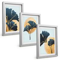 BILDER SET 3er Set - 20x30 cm Silberner Rahmen - Ginkgoblätter, heller Hintergrund - Silberfarben, Kunststoff (20/30cm) - TULUP