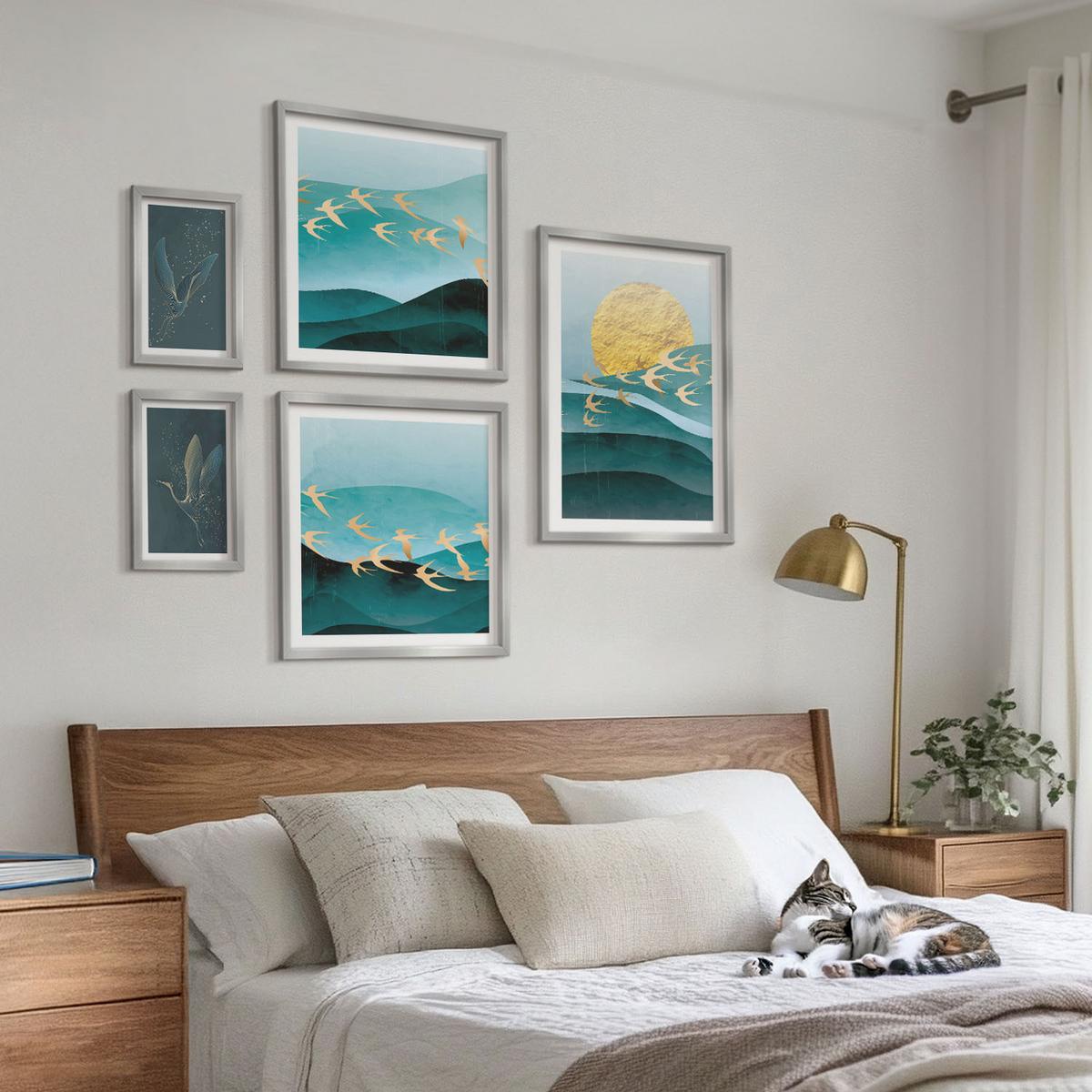 BILDER SET 5er Set - 50x50 cm & 20x30 cm & 40x60 cm Silberner Rahmen - Stilvolle Landschaften mit Vögeln - Silberfarben, Kunststoff (40/60cm) - TULUP