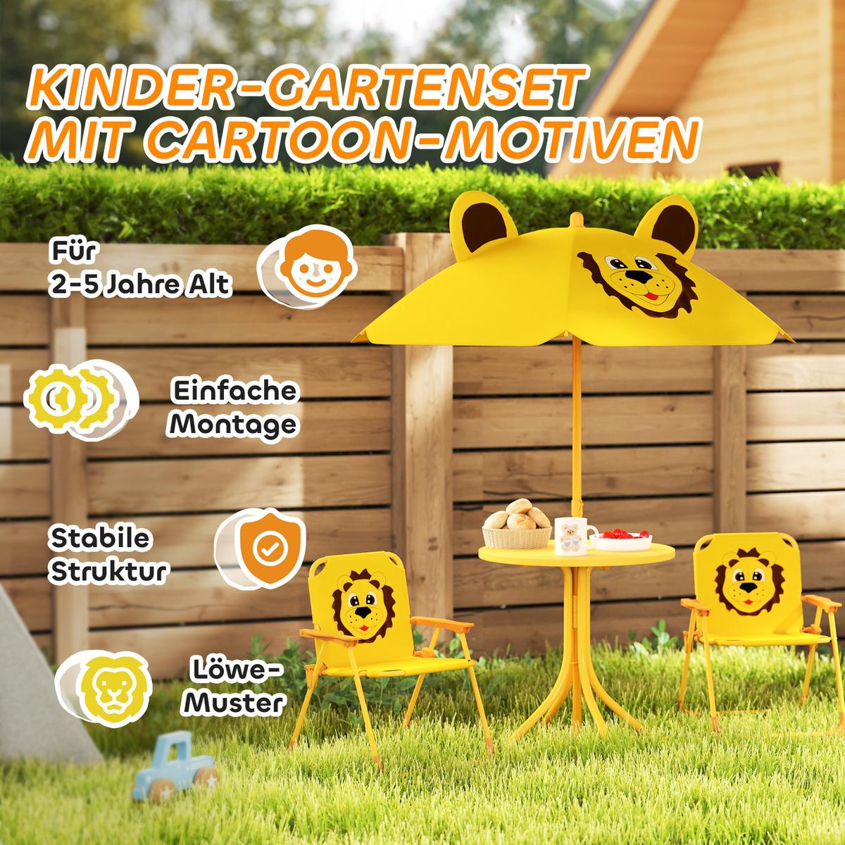 4 tlg. Kindersitzgruppe Garten Kindersitzgarnitur mit Sonnenschirm Klappstühle - Gelb, Metall - AIYAPLAY