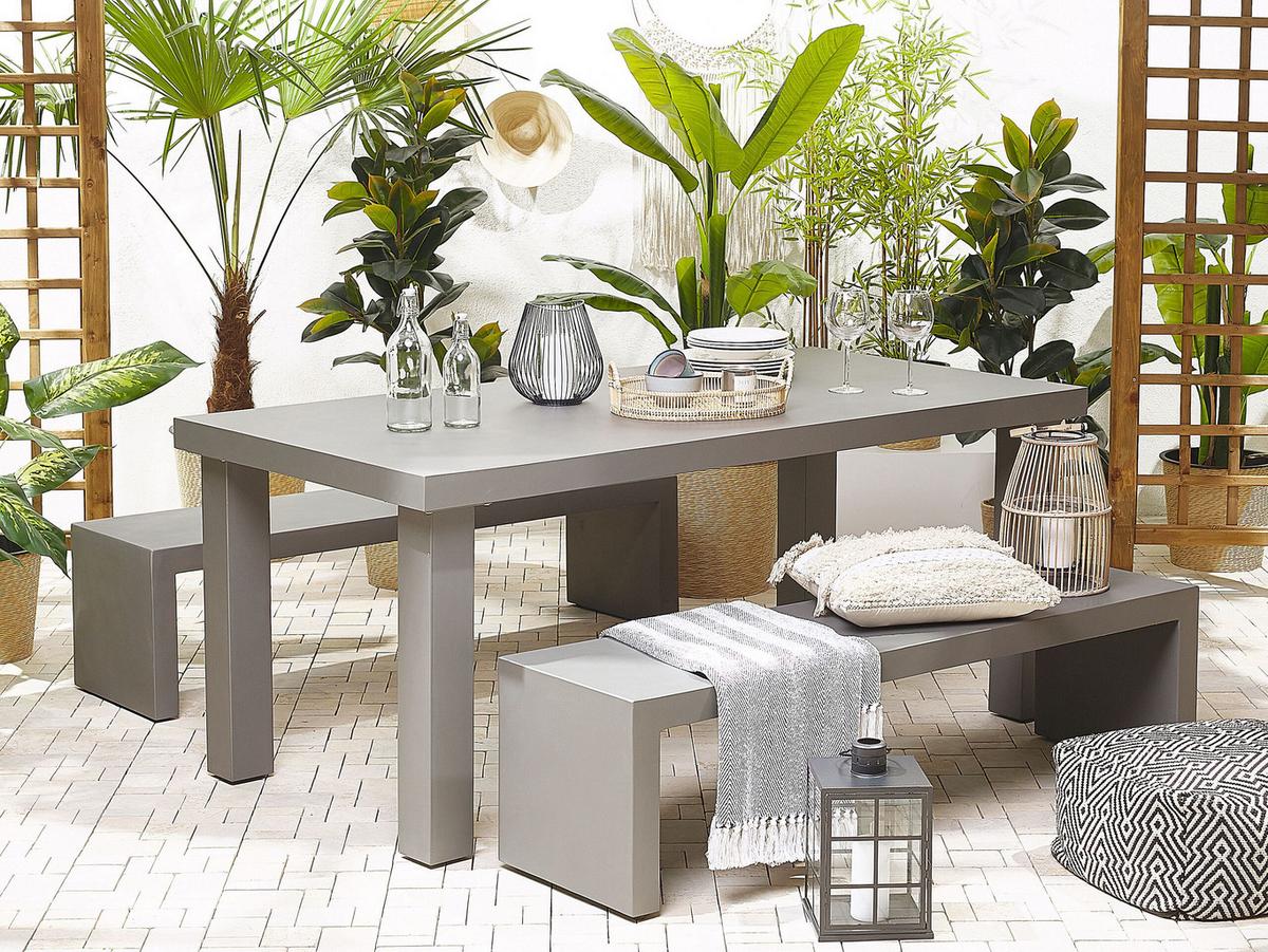 GARTENMÖBEL SET Beton grau Tisch mit 2 Bänken U-Form Taranto - Grau, Stein - Beliani