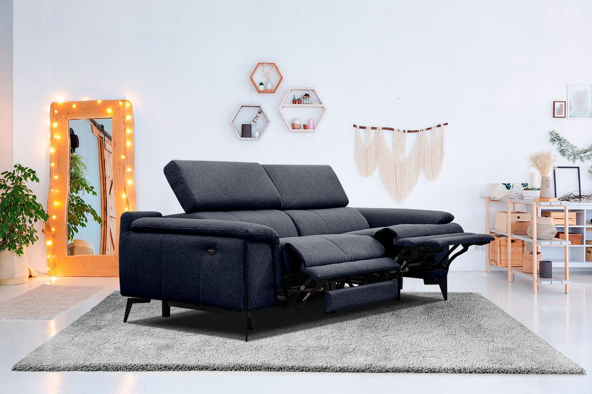 RELAXSOFA MATERA 3-Sitzer mit 2 Relaxfunktionen, dunkelblau - Schwarz/Dunkelblau, Holzwerkstoff/Textil (212/82/103cm) - Wozimo
