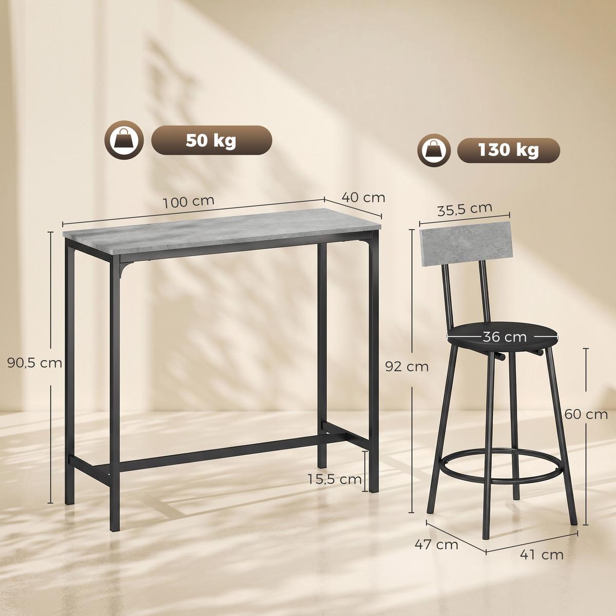 BARTISCH-MIT-BARHOCKER-SET 3er Set MDF Stahl Grau - Grau, Metall (40/90.5/100cm) - HOMCOM