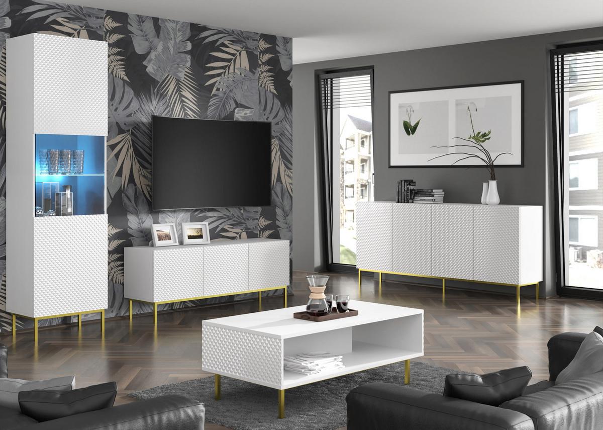 TV LOWBOARD Weiß, Weiß Hochglanz, Gold 150/58/42 - Weiß Hochglanz/Weiß, Holzwerkstoff (150/58/42cm) - RAUMHIRSCH FURNITURE