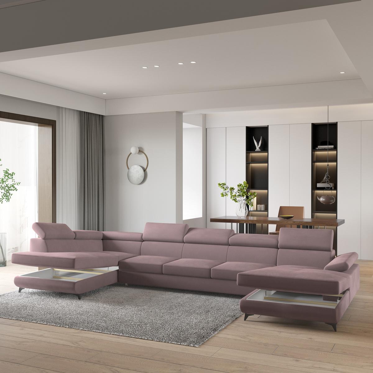 WOHNLANDSCHAFT MONTIVA Lila Velours-Stoff mit Schlaffunktion - Lila, Holz (410/89/190cm) - MASSENO