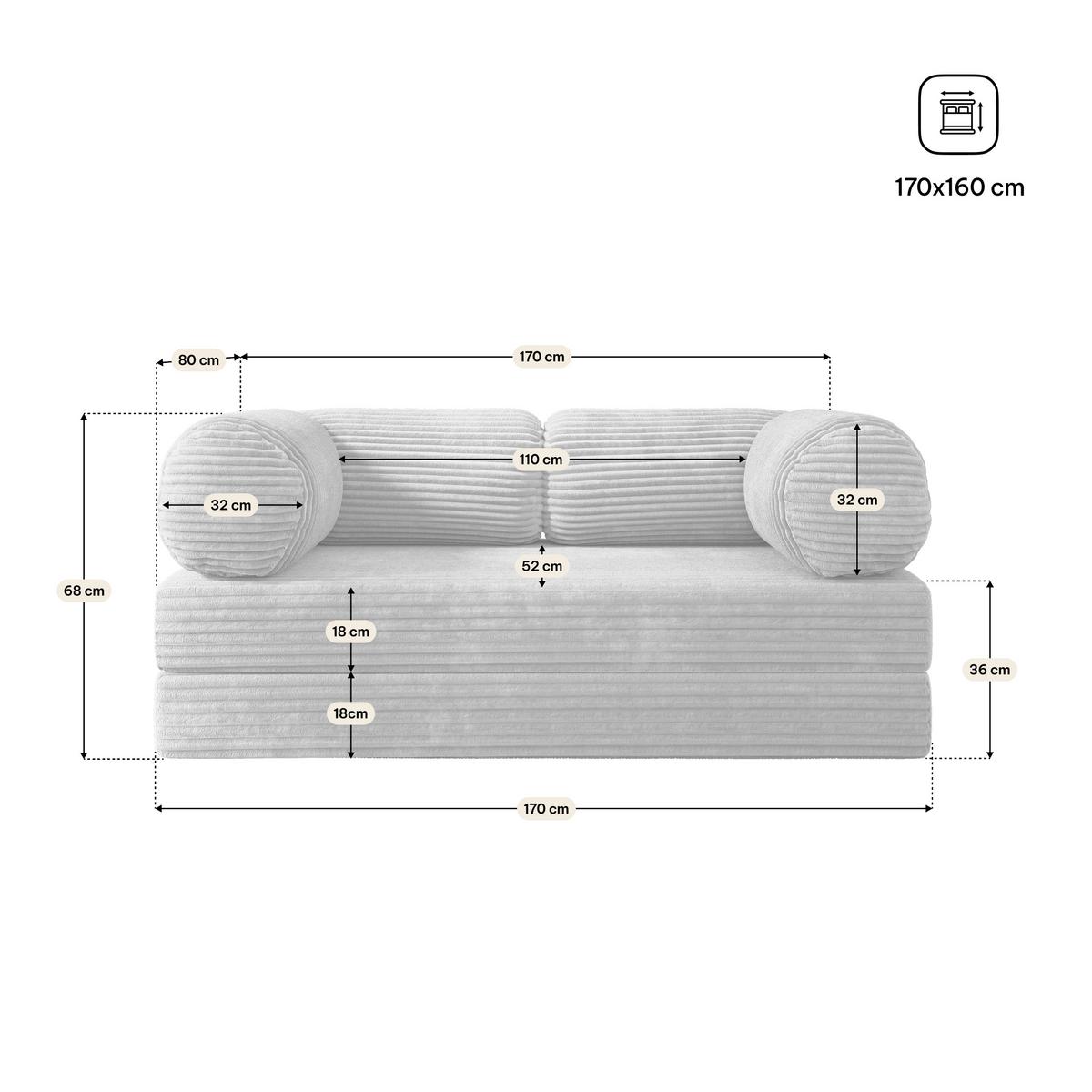 BETTSOFA ALVIO aus Schaumstoff Kordstoff Hellgrau Schlaffunktion - Hellgrau, Textil (170/68/80cm) - MASSENO
