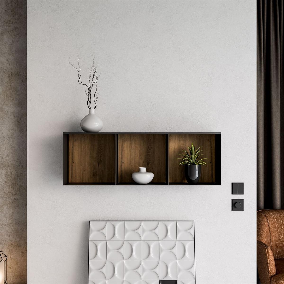 METALLREGAL QUADRO II mit LED-Beleuchtung - Schwarz/Eiche Artisan, Holzwerkstoff (33/99/20cm) - Lookway
