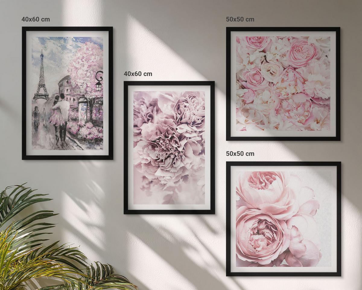 BILDER SET 4er Set - 50x50 cm & 40x60 cm Schwarzer Rahmen - Rosa Blumen, romantische Landschaft - Schwarz, Kunststoff (50/50cm) - TULUP