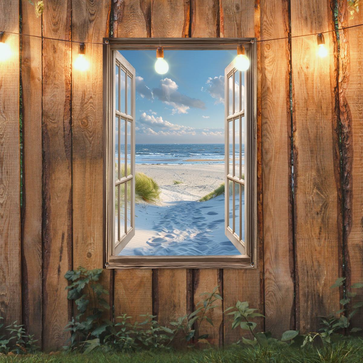 GARTENPOSTER Aussicht - Strand - Fenster - Dünen - Meer Outdoor Bilder 80x120 cm - Hellblau, Kunststoff (80/120/0.2cm) - OnlyWow