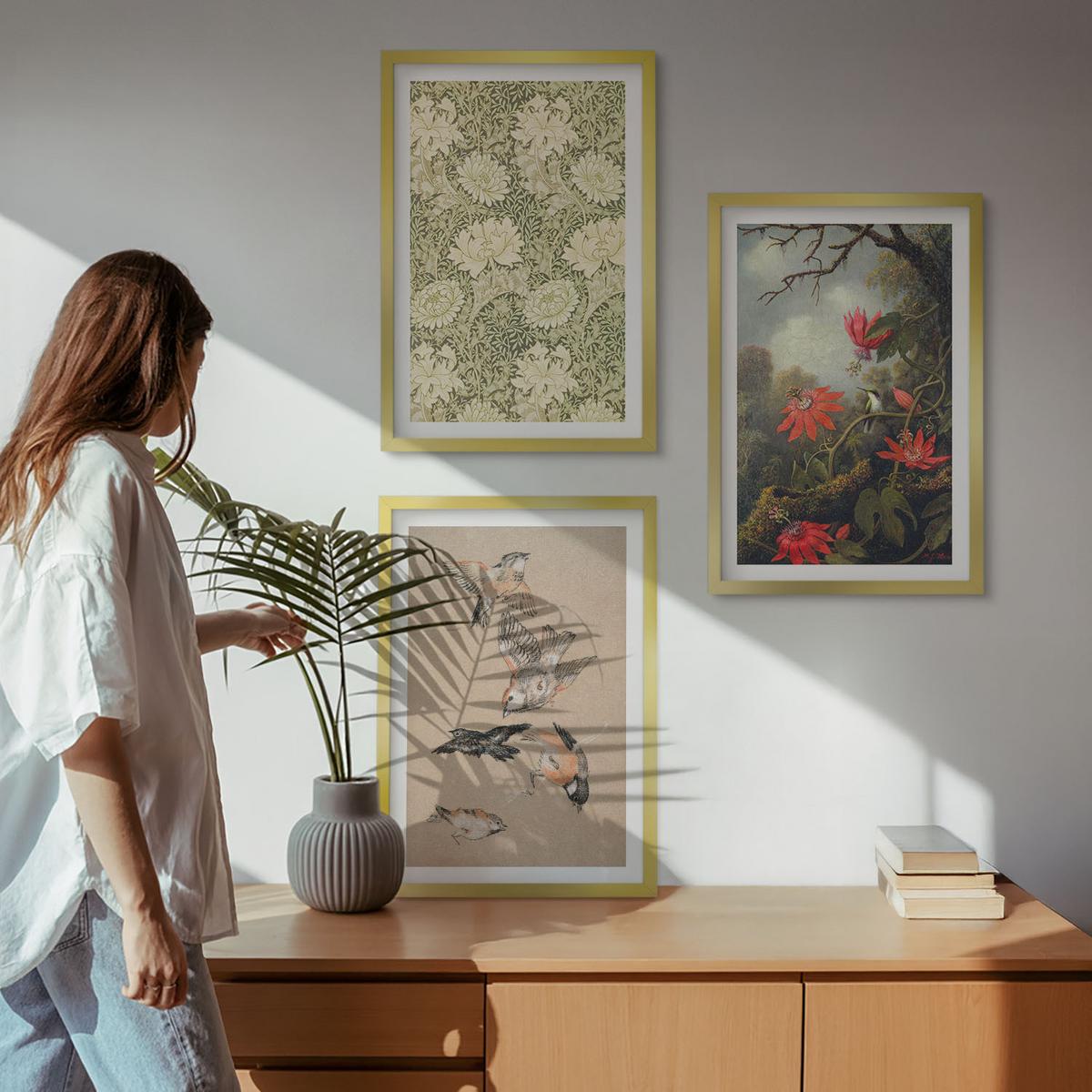 BILDER SET 3er Set - 40x60 cm Goldrahmen - Blumen, Vögel, Natur - Goldfarben, Kunststoff (40/60cm) - TULUP