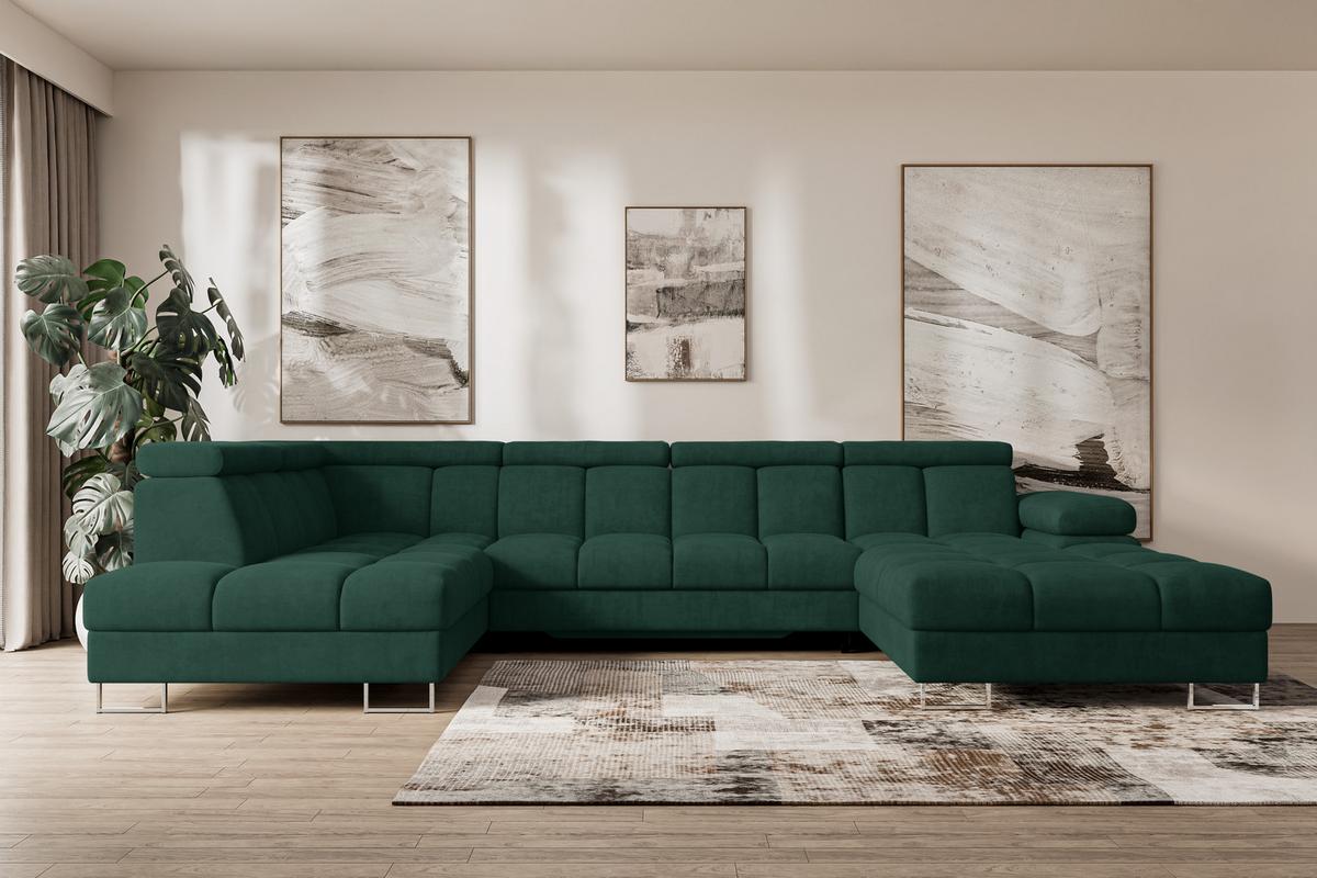 WOHNLANDSCHAFT mit Schlaffunktion und Bettkasten Ottomane Links COMA U 345x203x79 Grün Velours - Grün, Holzwerkstoff/Textil (345/79/203cm) - ALTDECOR