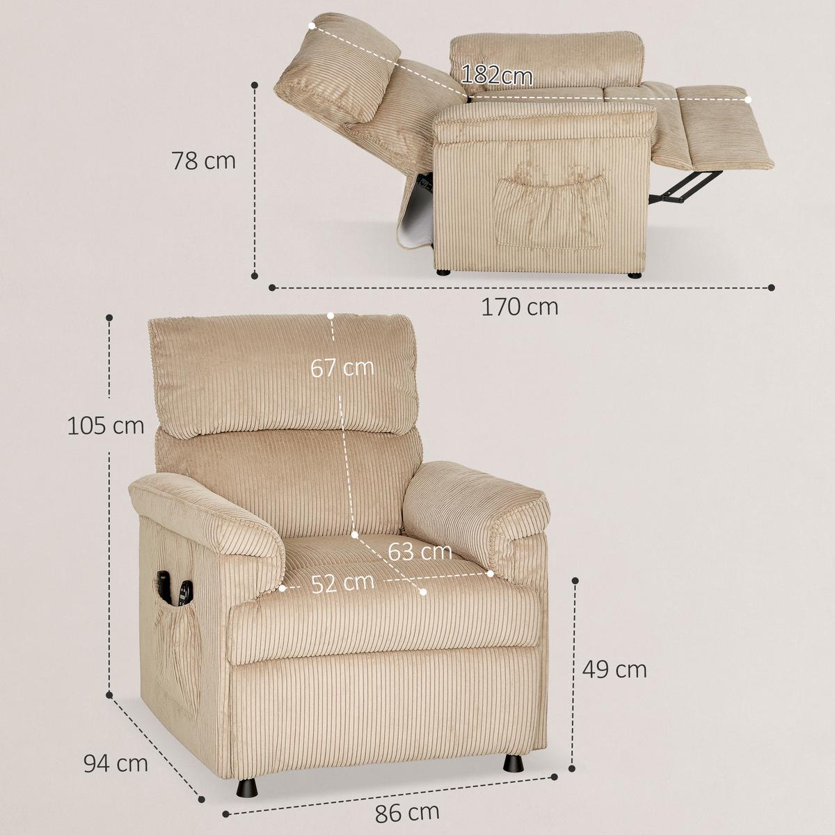 RELAXSESSEL mit Vibrationsmassage, Heiz- und Liegefunktion, Braun - Braun, Textil (86/105/94cm) - HOMCOM