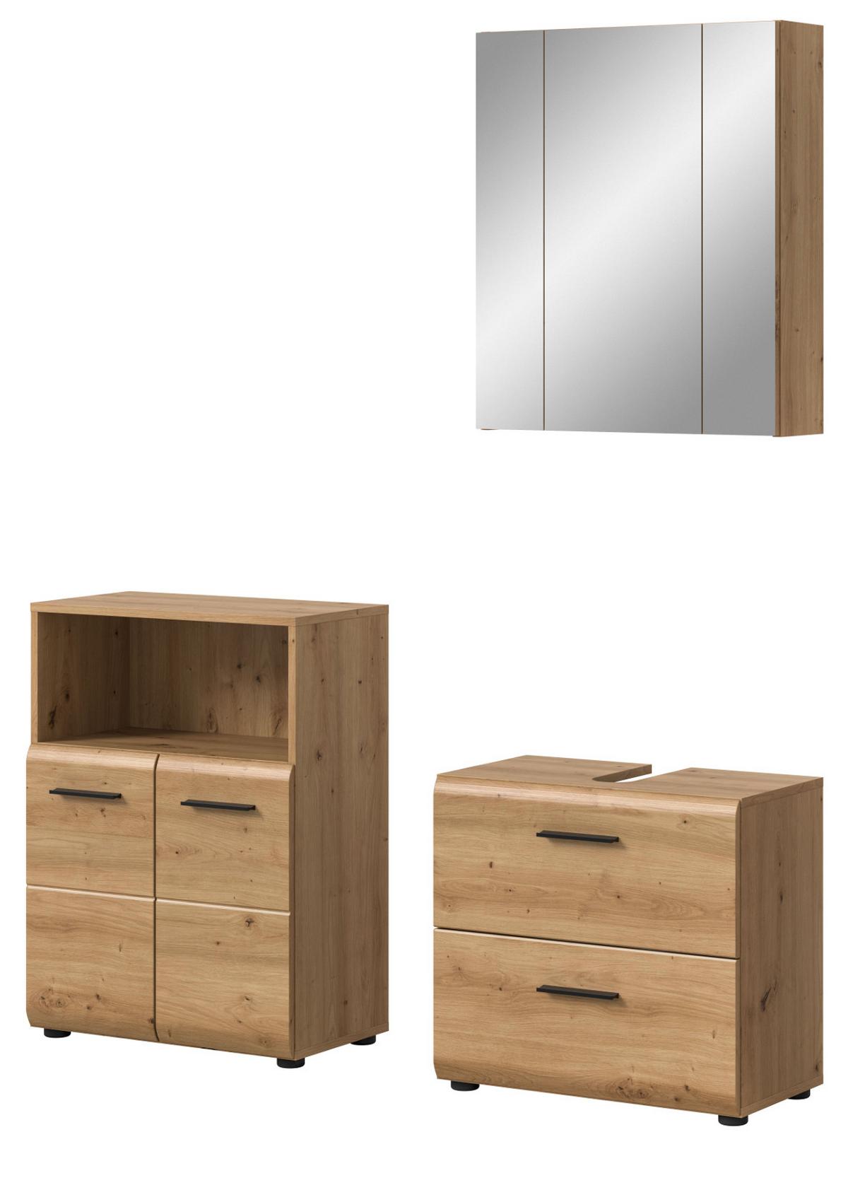 BADMÖBEL-SET 3-teilig in Eiche Artisan, Badkombination modern mit Vollauszug Schubkästen, Breite 135 cm - Schwarz/Eiche Artisan, Glas/Holzwerkstoff (135/185/30cm) - Inn.Furn
