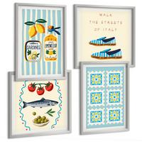BILDER SET 4er Set - 50x50 cm & 40x60 cm Silberner Rahmen - Fruchtmuster und italienische Kultur - Silberfarben, Kunststoff (50/50cm) - TULUP