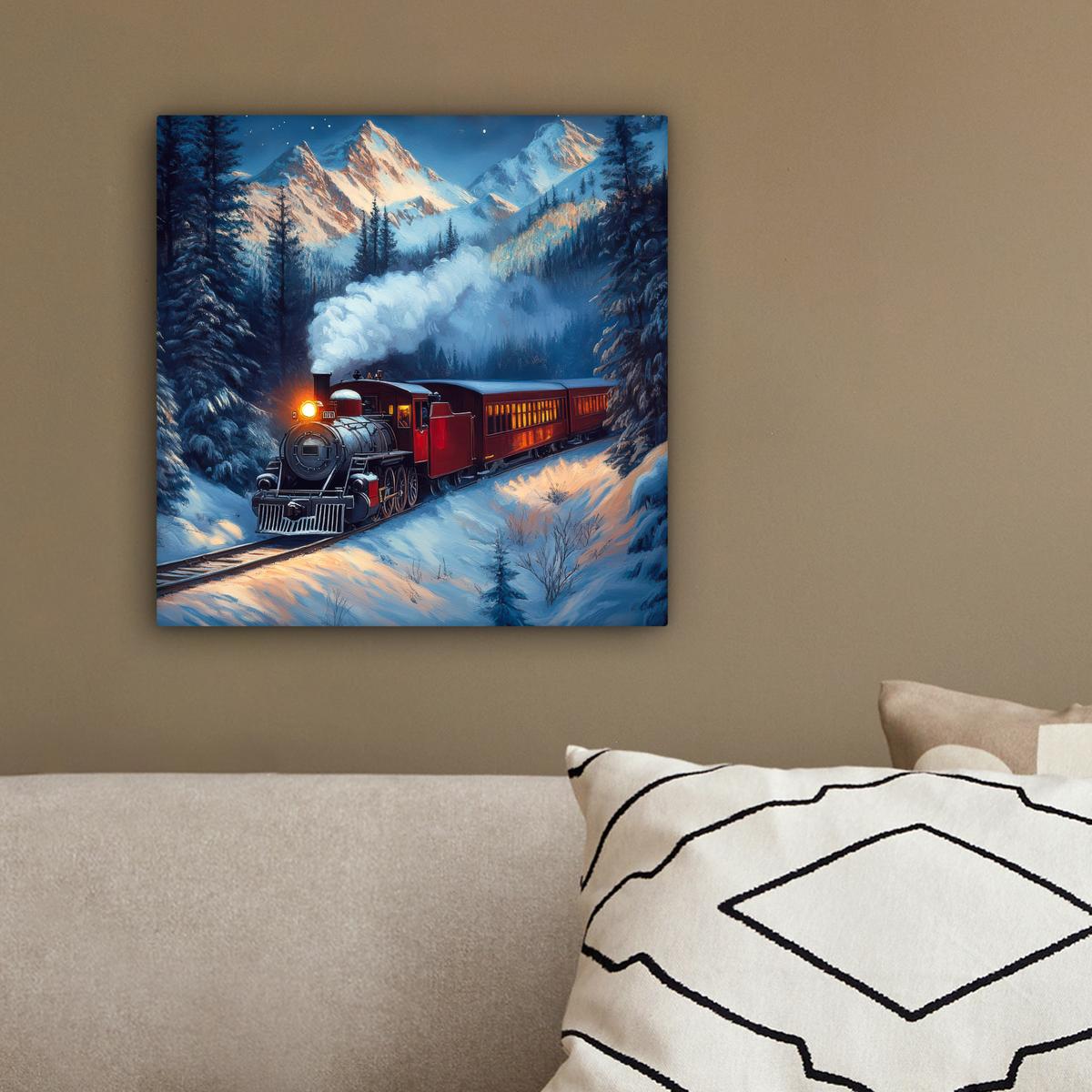 LEINWANDBILD Zug - Weihnachten - Schnee - Weihnachtszug Deko Wohnzimmer 20x20 cm - Anthrazit, Textil (20/20cm) - MuchoWow