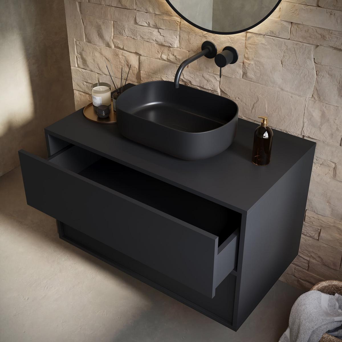 BADMÖBEL-SET Mali 80 cm Schwarz Matt - mit Hochschrank - 80 x 46 x 54 cm - Schwarz, Holz (60/54/46cm) - Badplaats