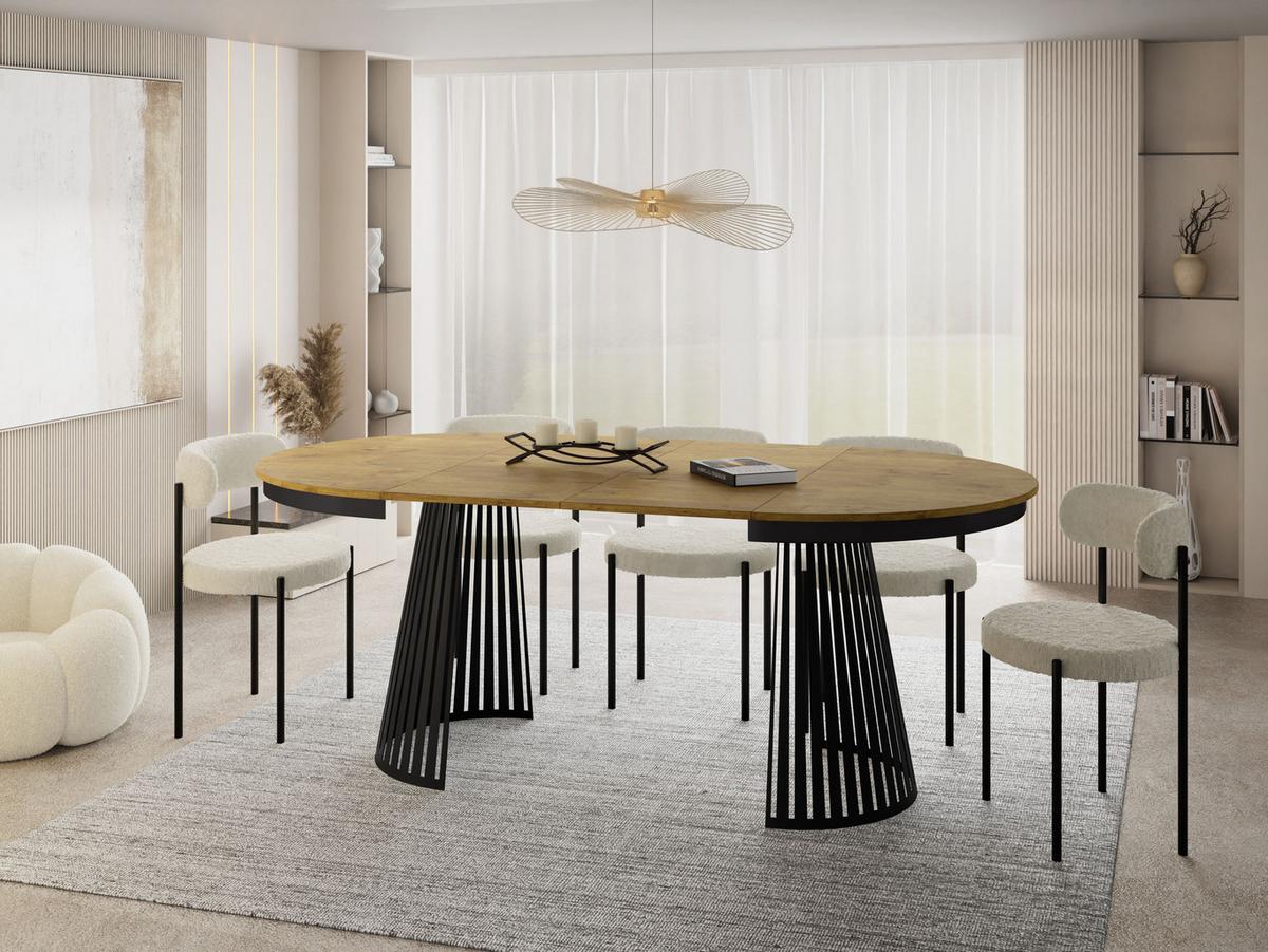 ESSTISCH Naro rund ausziehbar mit Schwarzem Lamellen-Metallgestell, Braun 100-180/100/76 cm - Eichefarben/Schwarz, Holzwerkstoff/Metall (100/176/76cm) - WFL GROUP