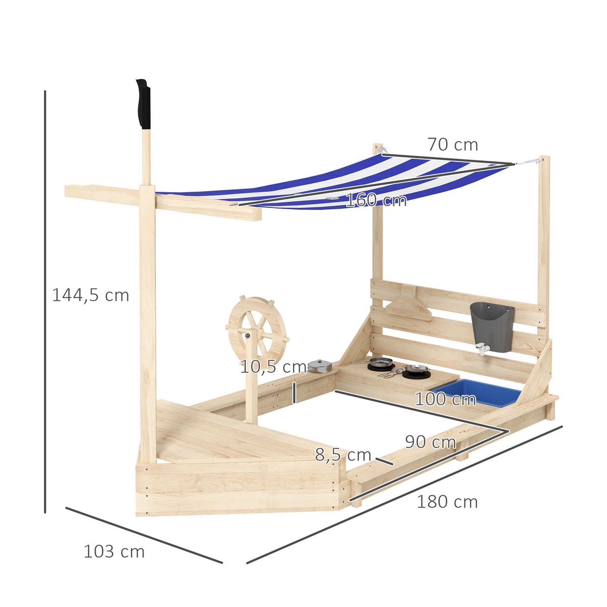 SANDKASTEN Sandkiste groß mit Abdeckung im Schiff Design Matschekiste aus Holz - Naturfarben, Holz (180/103/144.5cm) - Outsunny