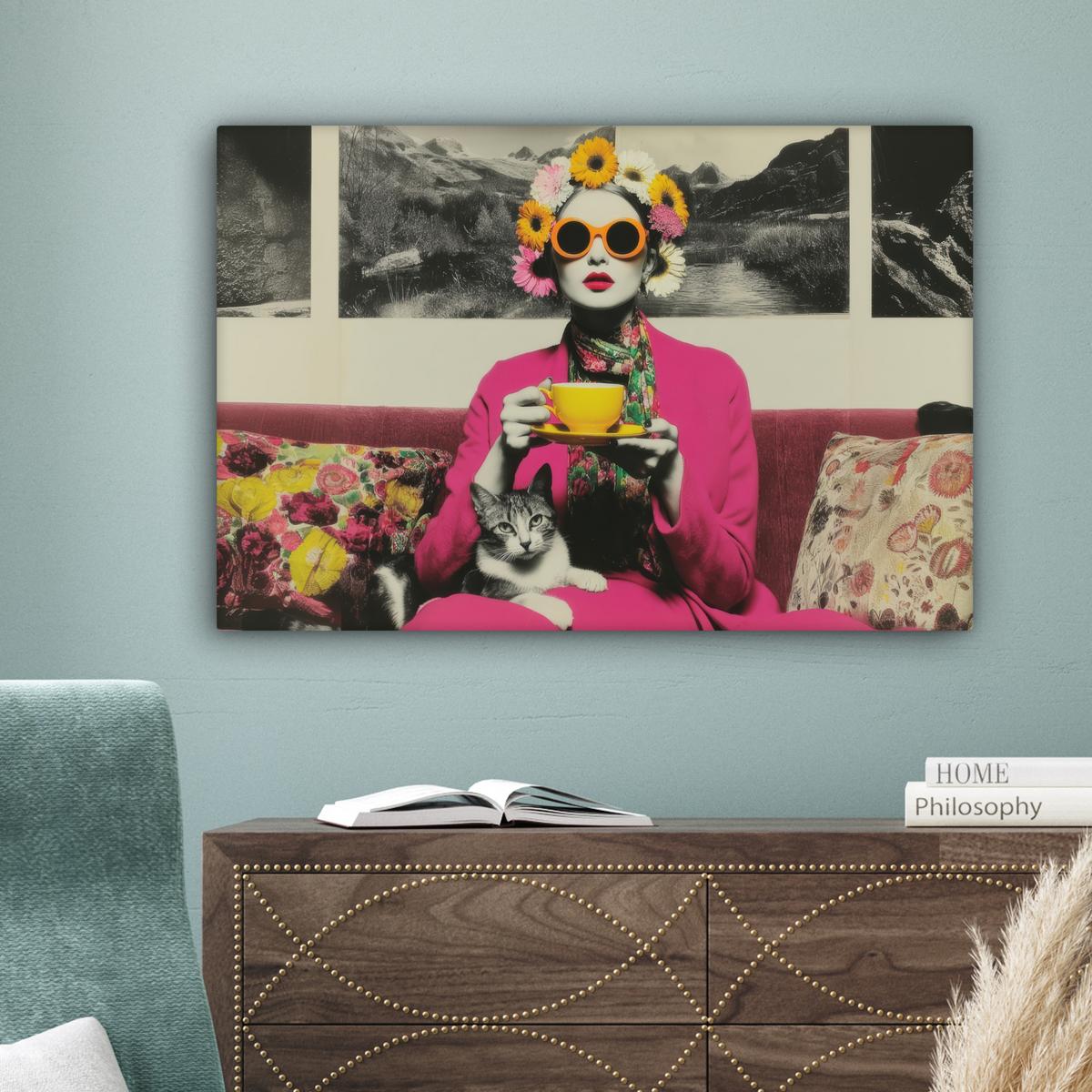 LEINWANDBILD Frau - Katze - Blumen - Tasse - Retro Gemälde 60x40 cm - Magenta, Textil (60/40cm) - MuchoWow