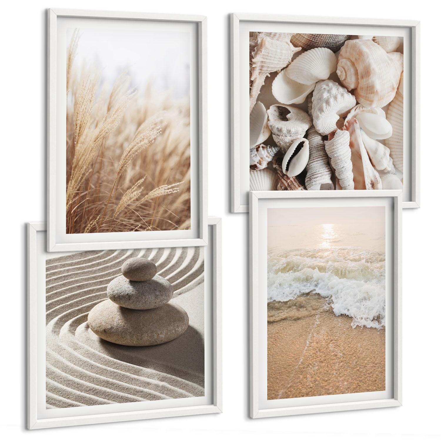 BILDER SET 4er Set - 50x50 cm & 40x60 cm Weißer Rahmen - Strandmotive, Muscheln, Wellen - Weiß, Kunststoff (50/50cm) - TULUP