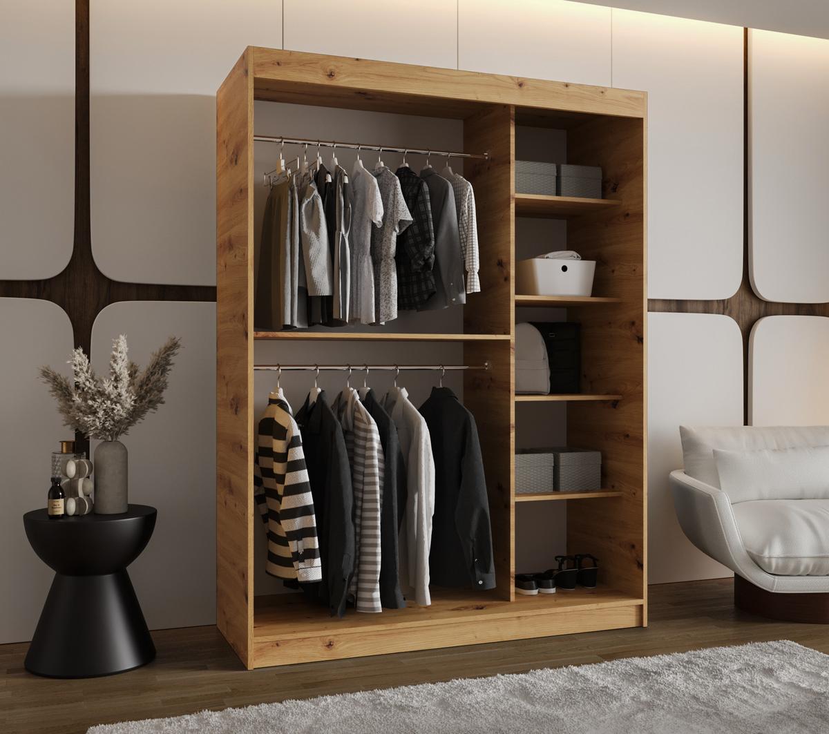 SCHIEBETÜRENSCHRANK mit Spiegel SPOTI 200/150/62 2-türig - Silberfarben/Eiche Artisan, Holz (150/200/62cm) - MÖBEL KRYSPOL
