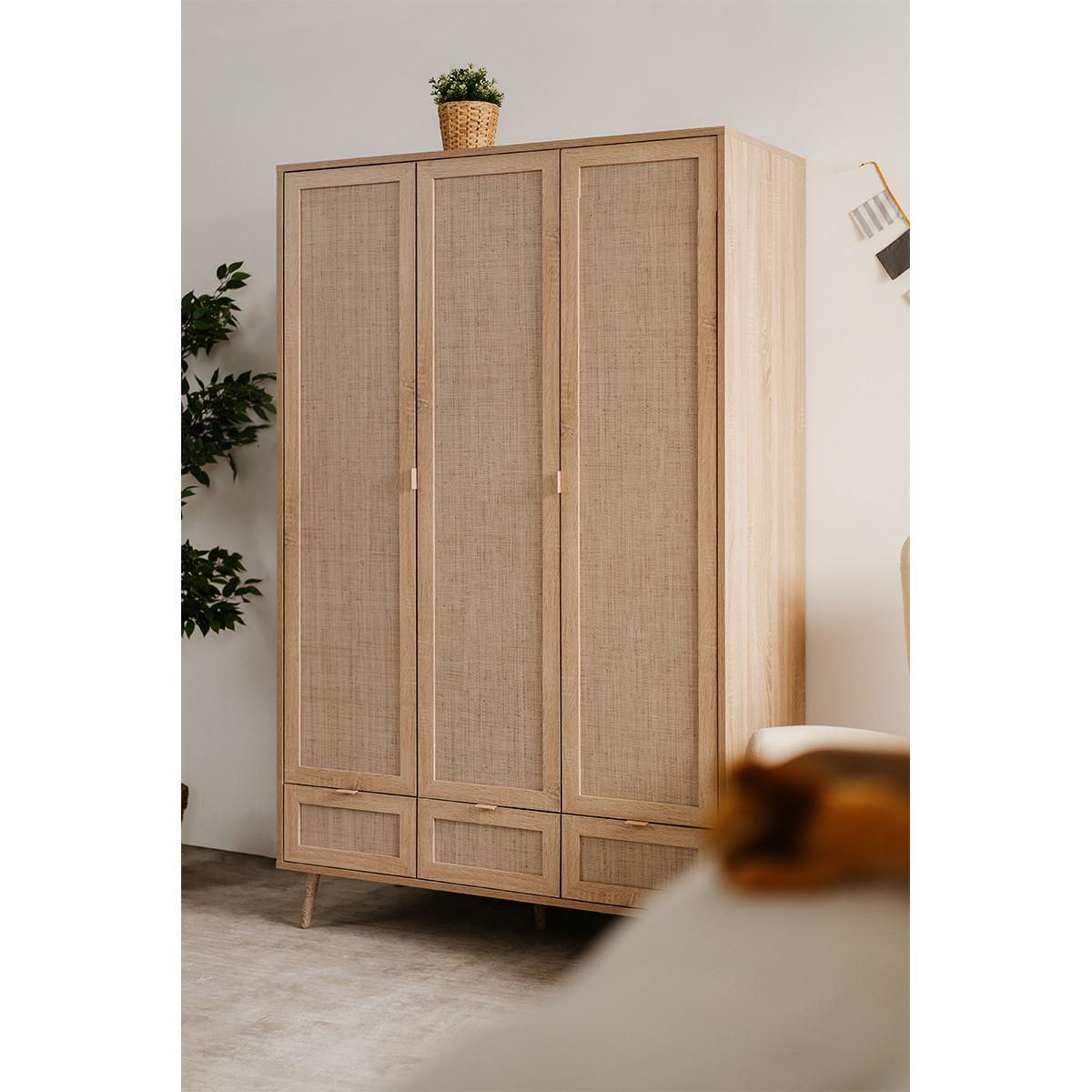 SCHRANK mit 3 Türen, 3 Schubladen, 2 Kleiderstangen L120cm - Rattan-Druck - Bali - Eschefarben, Holzwerkstoff (55/195/5.5cm) - Calicosy