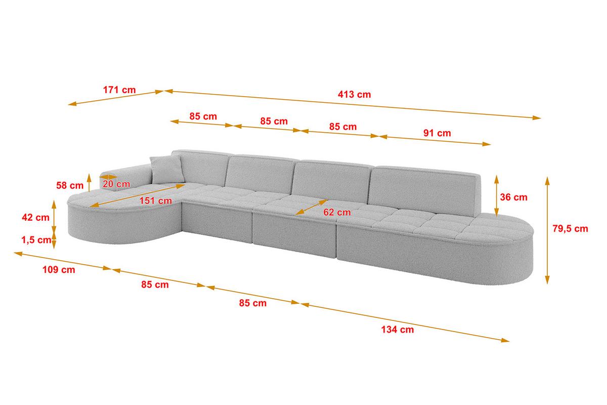 ECKSOFA Ottomane Links TARO-L3 - 413x171x79,5 cm Hellgrau - Hellgrau, Holzwerkstoff/Textil (413/171cm) - ALTDECOR
