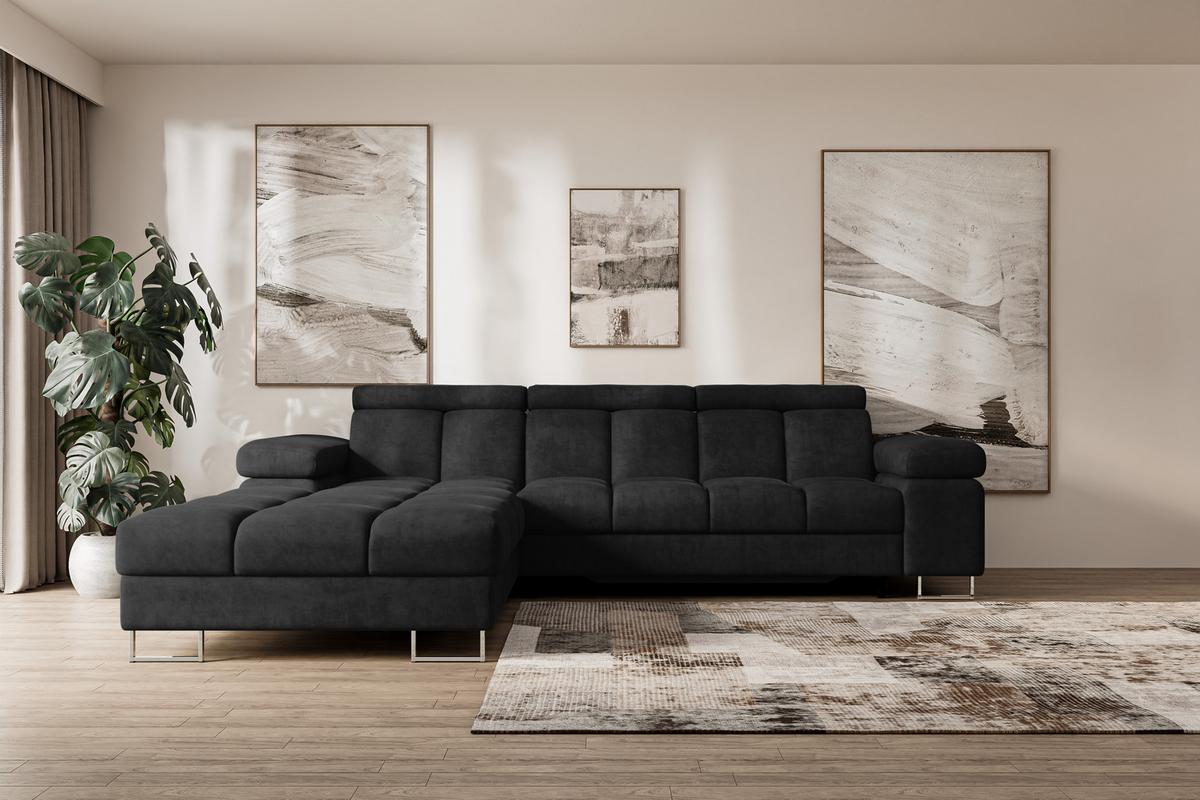ECKSOFA mit Schlaffunktion Ottomane Links 271x203x79 Schwarz Velours - Schwarz, Holzwerkstoff/Textil (271/203cm) - ALTDECOR