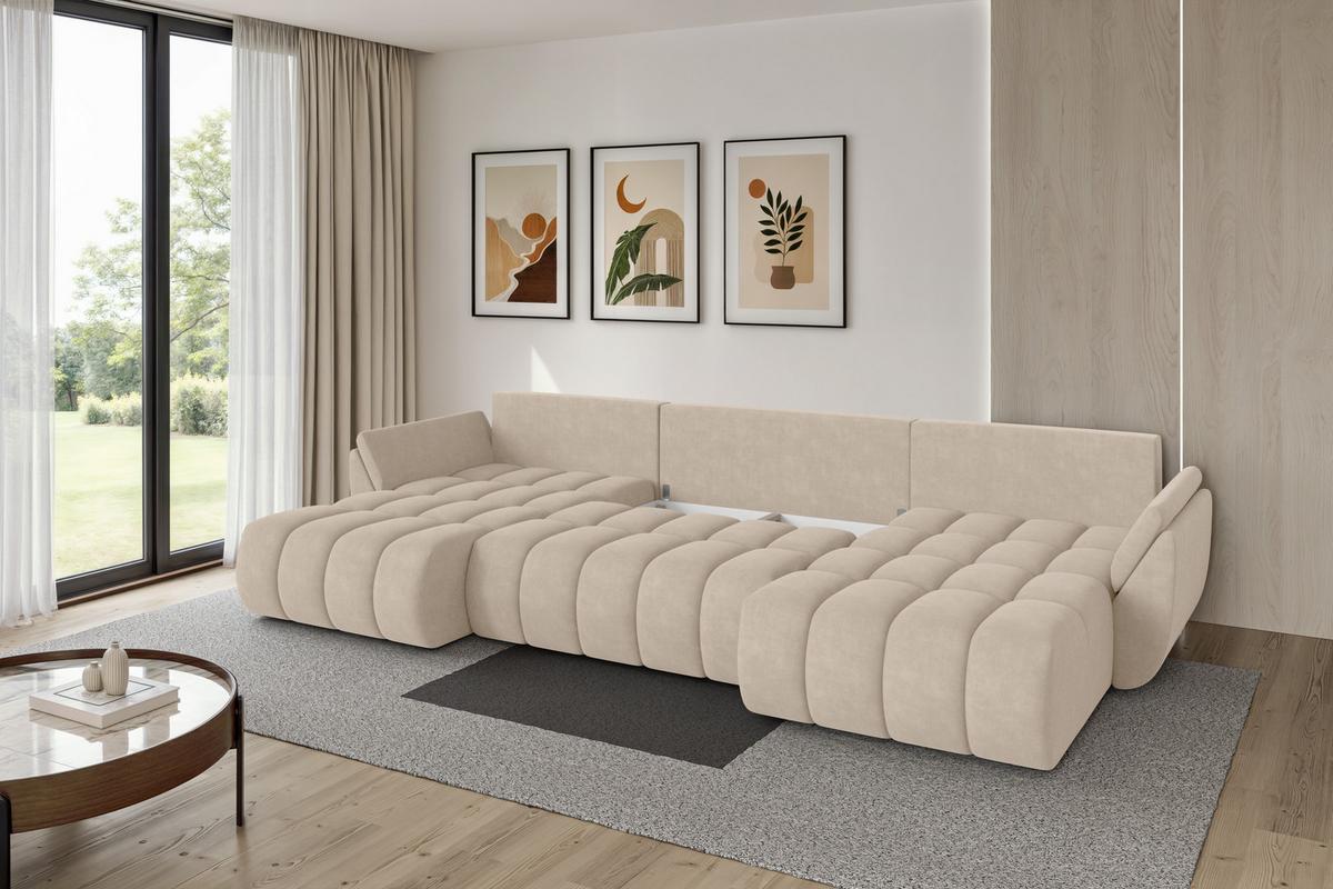 WOHNLANDSCHAFT mit Schlaffunktion und Bettkasten TOKO-U-v1 378x194x86 Beige Velours - Schwarz/Sahara, Holzwerkstoff/Kunststoff (378/86/194cm) - ALTDECOR