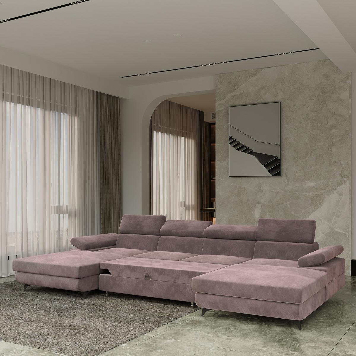 WOHNLANDSCHAFT DETTI Lila Velours-Stoff mit Schlaffunktion - Lila, Holz (339/89/190cm) - MASSENO