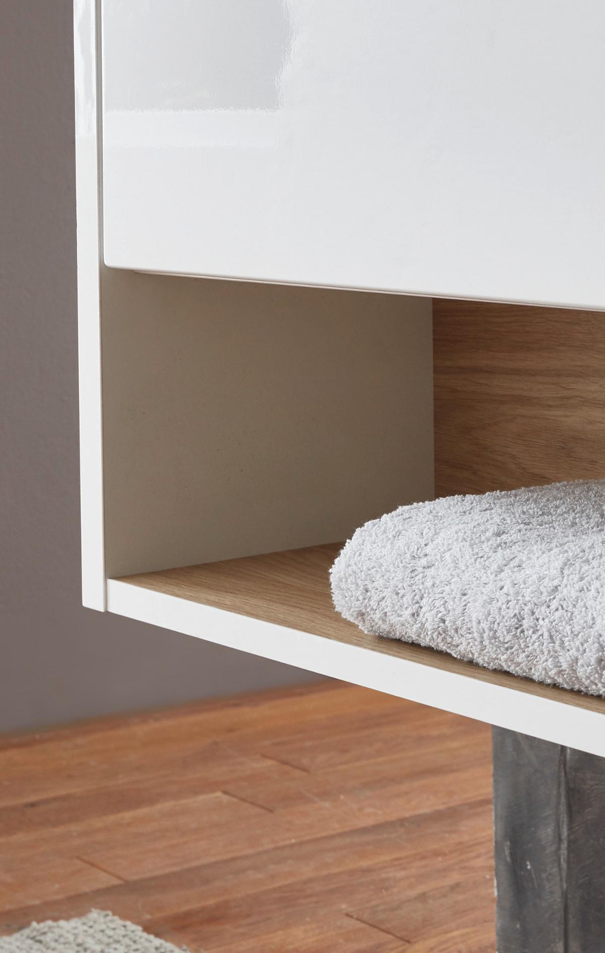 WASCHBECKENUNTERSCHRANK weiß Hochglanz, Eiche 60 cm, Bad Unterschrank mit Push-to-Open - Weiß Hochglanz, Holzwerkstoff (60/44/46cm) - Furn.Design
