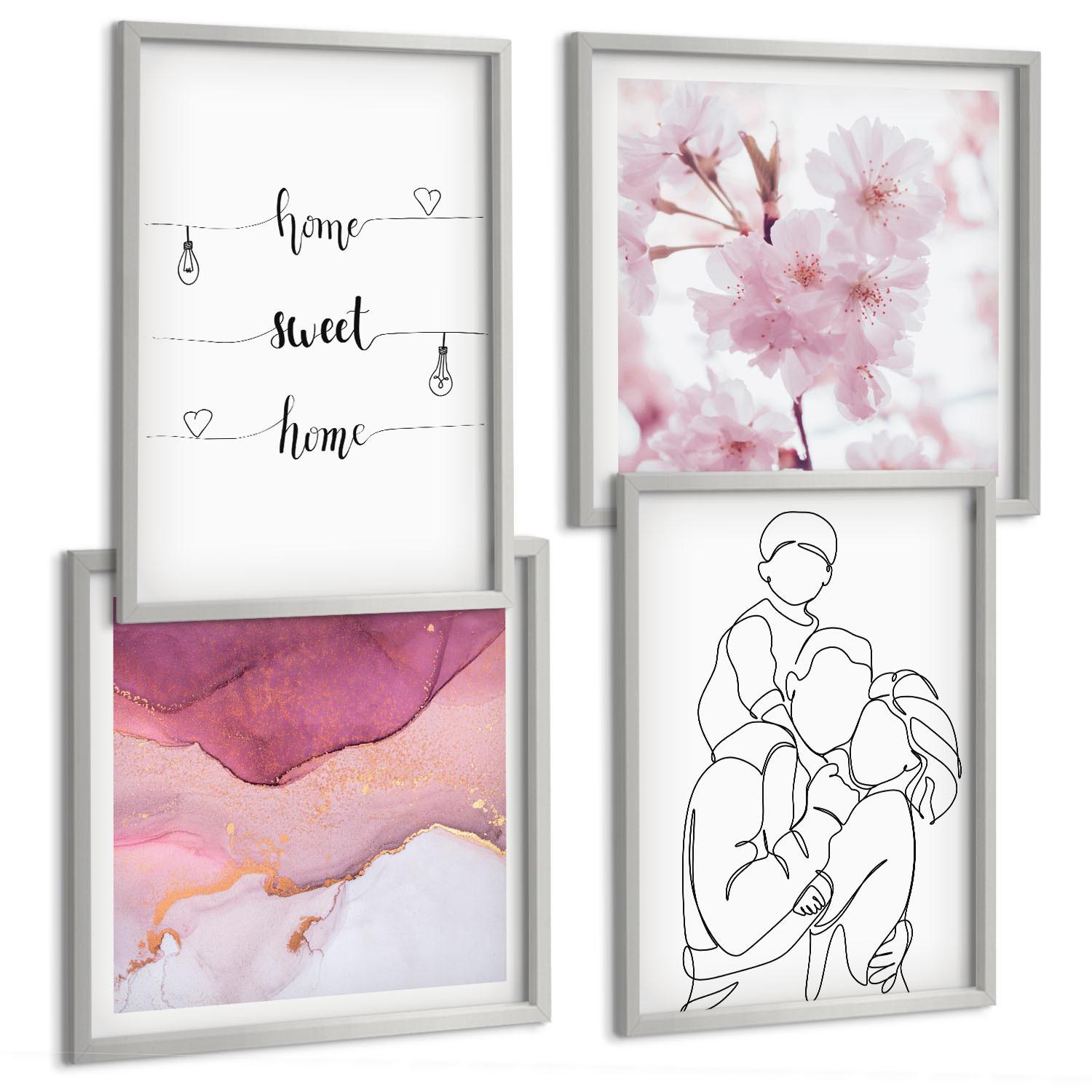 BILDER SET 4er Set - 50x50 cm & 40x60 cm Silberner Rahmen - Blumenfamilie minimalistisch - Silberfarben, Kunststoff (50/50cm) - TULUP