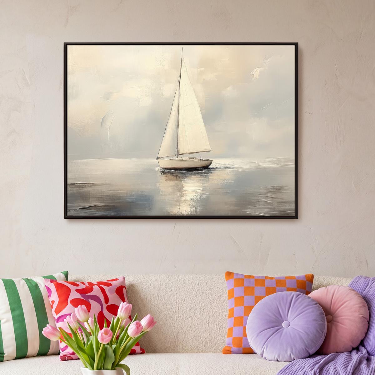 LEINWAND Bilder mit Rahmen - Segelschiff - Meer - Bewölkt - 100x70 - Creme, Textil (100/70cm) - MuchoWow