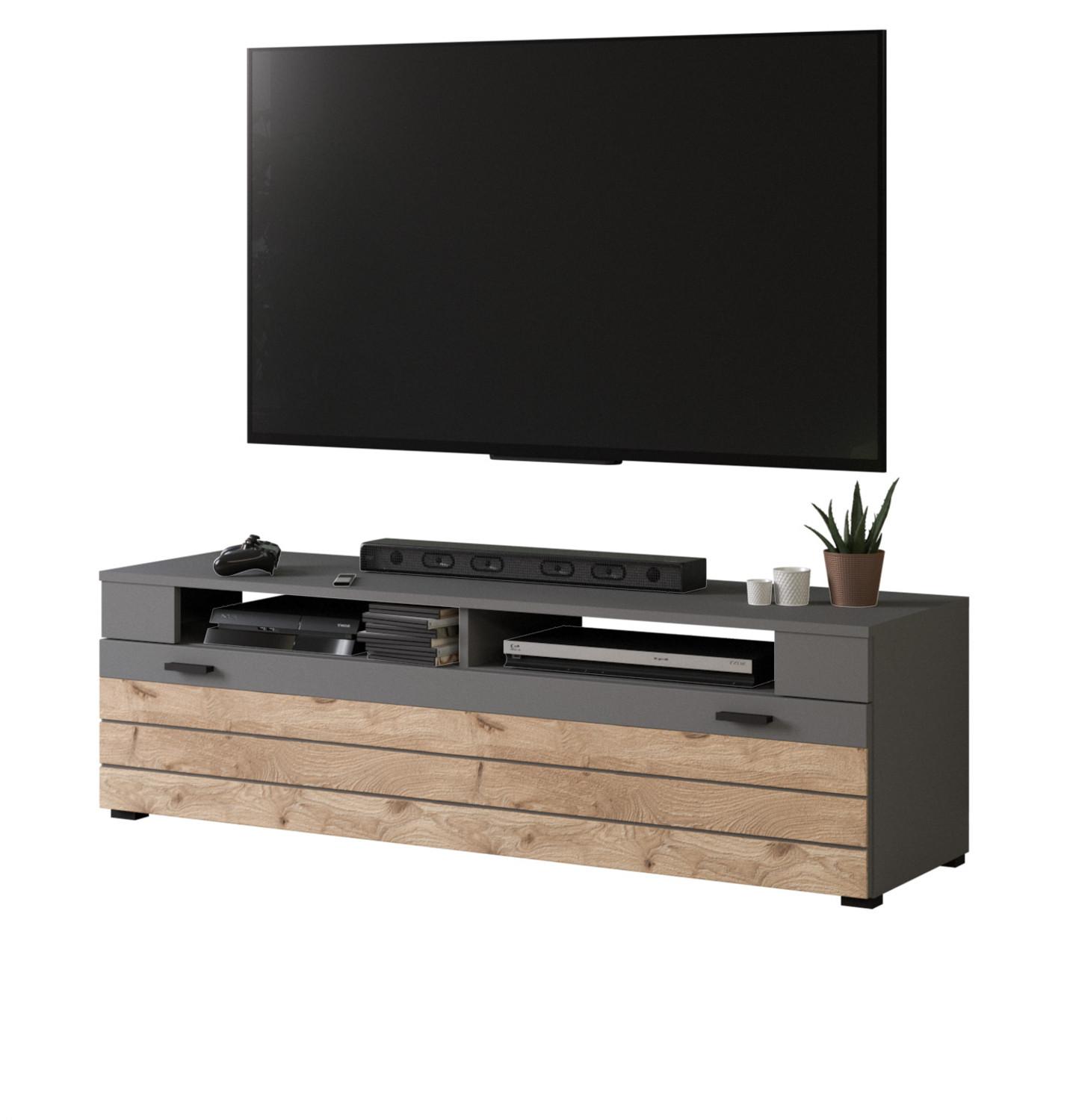 TV-LOWBOARD Eiche, grau matt 140 cm, TV Unterteil mit 4 Fächern - Eichefarben/Schwarz, Holzwerkstoff/Kunststoff (140/43/40cm) - Inn.Furn