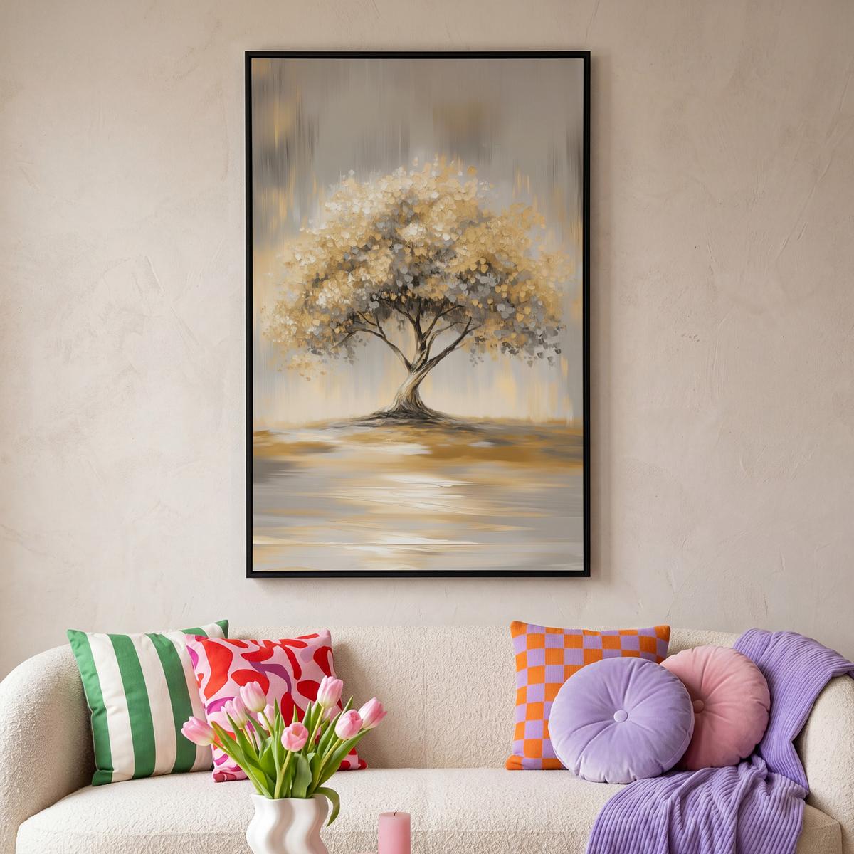 LEINWAND Bilder mit Rahmen - Gemälde - Baum - Abstrakt - Blätter - 100x150 - Beige, Textil (100/150cm) - MuchoWow