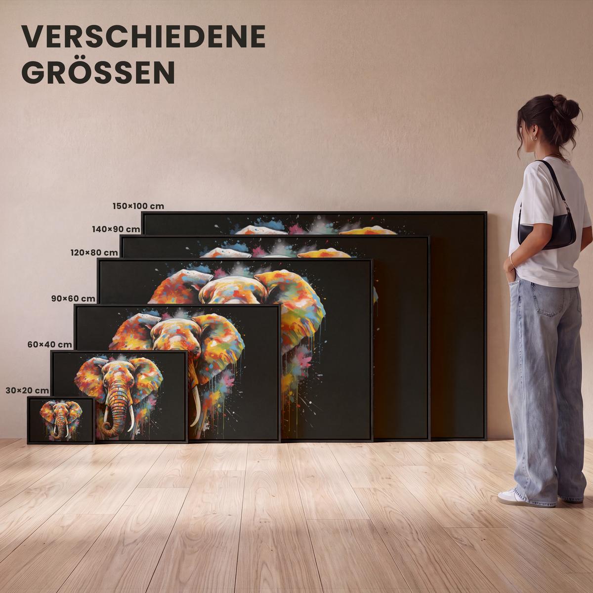 LEINWAND Bilder mit Rahmen - Elefant - Graffiti - Schwarz - Tiere - Farben - 90x60 - Schwarz, Textil (90/60cm) - MuchoWow