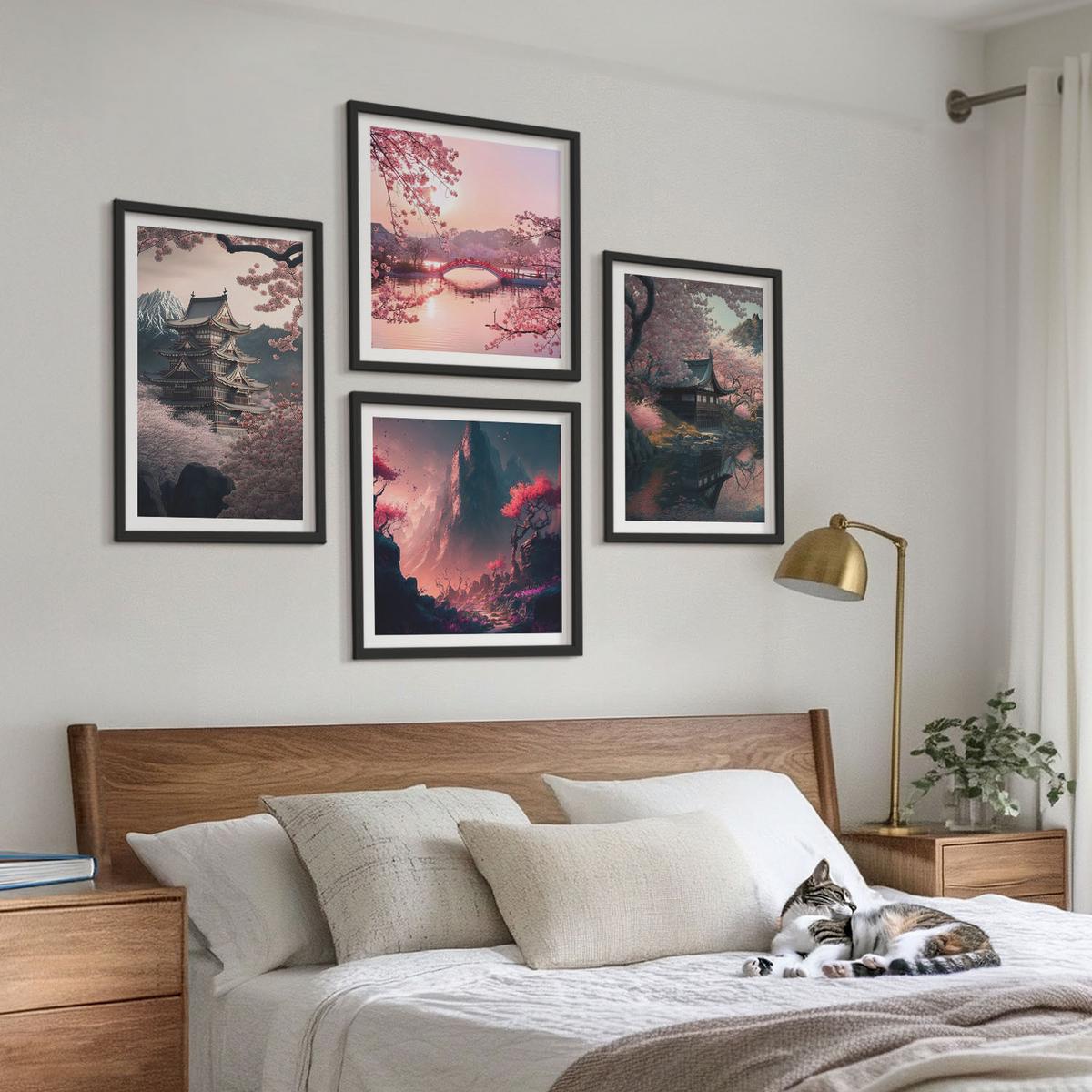 BILDER SET 4er Set - 50x50 cm & 40x60 cm Schwarzer Rahmen - Fantasielandschaften Japans - Schwarz, Kunststoff (50/50cm) - TULUP