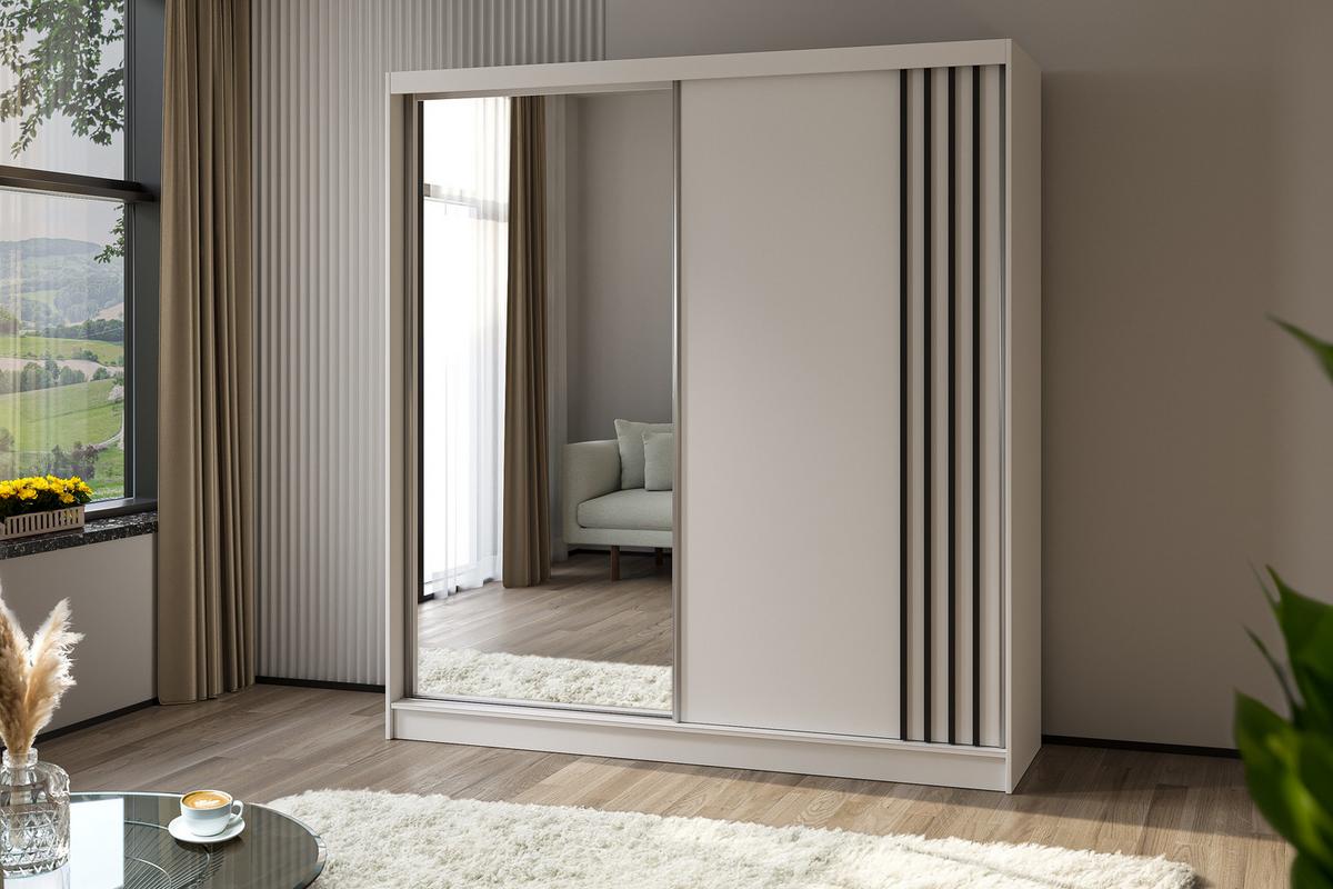 KLEIDERSCHRANK mit Spiegel-Schiebetüren und Aluminium-Leisten - NALLA - 200 cm Weiß+Weiß+Schwarz - Schwarz/Weiß, Holzwerkstoff (200/216/61cm) - ALTDECOR