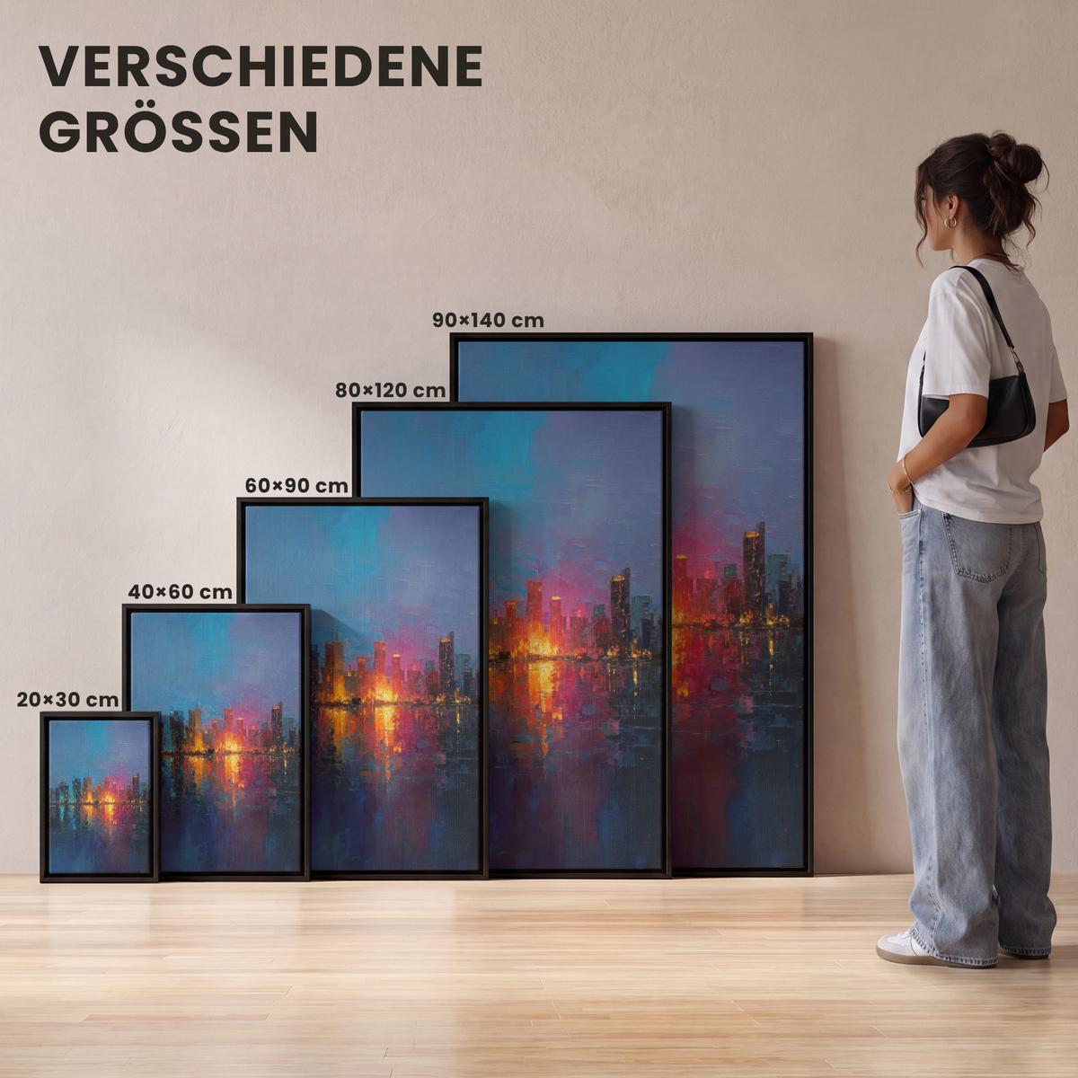 LEINWAND Bilder mit Rahmen - Skyline - Pinselstriche - Dunkelblau - Leuchtend - 20x30 - Blau, Textil (20/30cm) - MuchoWow