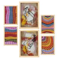 POSTER Set Mit 6 Razzle Blenden In Weibliche Zusammenfassung A3 & A4 Rahmen Aus Hellem Holz - Beige, Papier (29/3cm) - Nacnic