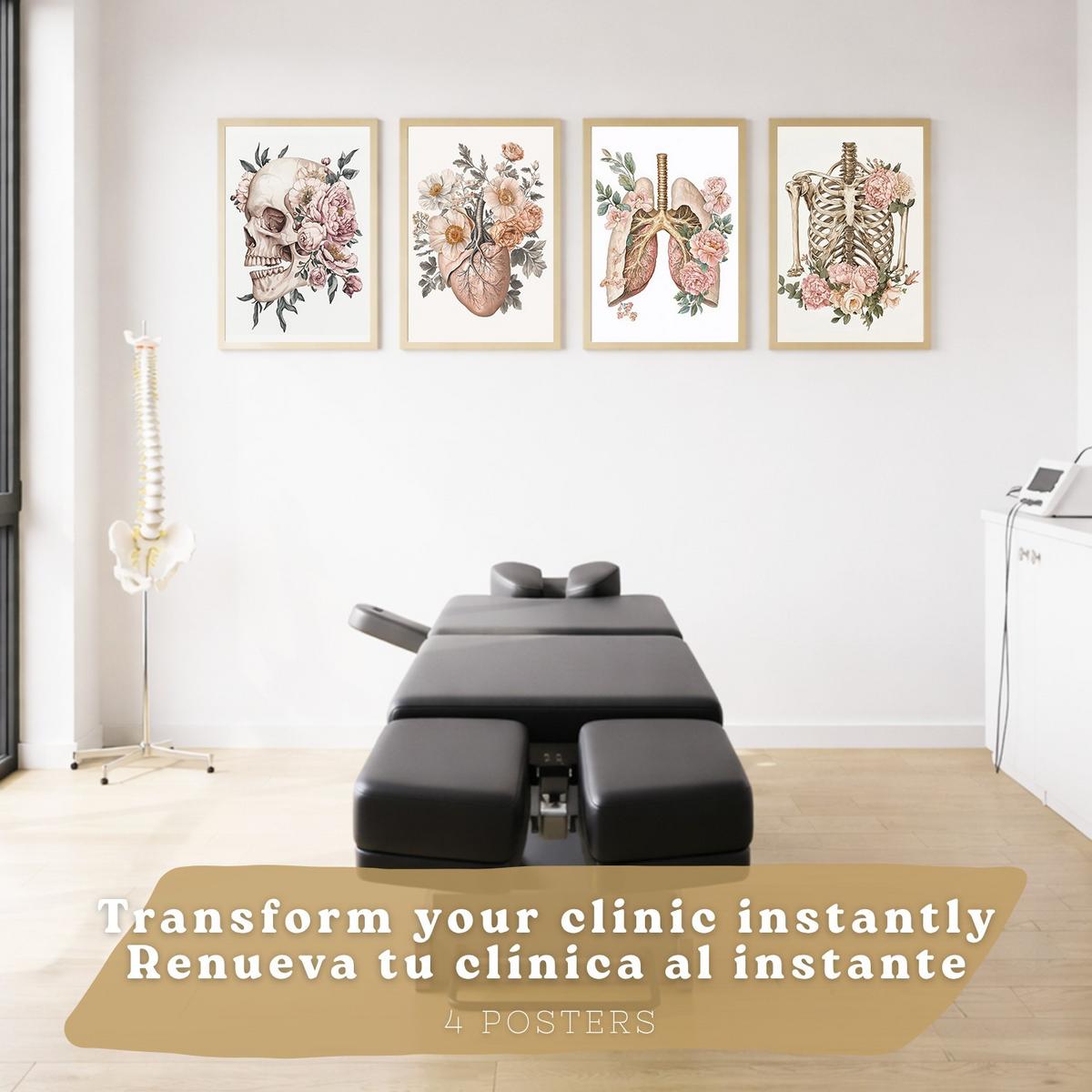 POSTER Set aus 4 Anatomie Mensch Florale Drucke und mit Schädel Herz Lungen und Skelett Botanische Aquarell dekoration Größe Leichter Holzrahmen A3 - Beige, Papier (29.7/42/3cm) - Nacnic