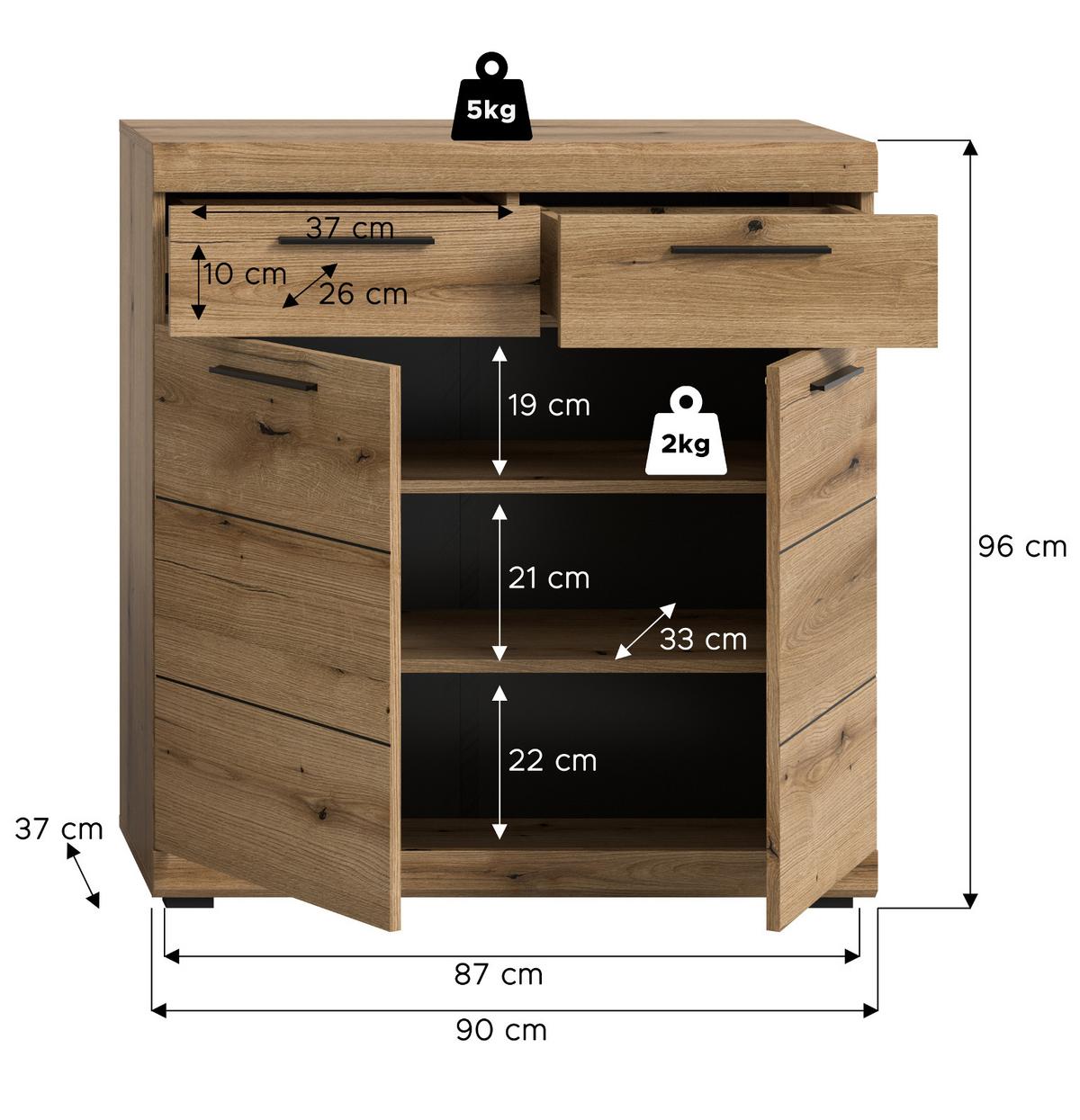 SCHUHSCHRANK Evoke Eiche 90 cm, Kommode mit viel Stauraum - Eichefarben/Schwarz, Holzwerkstoff/Kunststoff (90/96/37cm) - Inn.Furn
