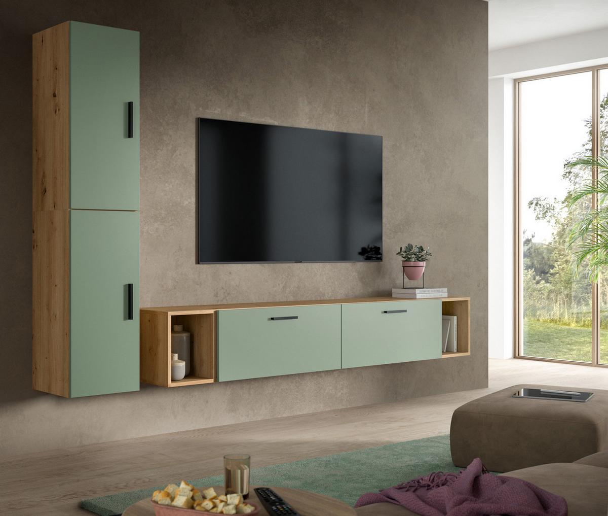 WOHNWAND grün, Eiche Artisan 249 x 184 cm, Wohnkombination hängend / stehend - Schwarz/Eiche Artisan, Holzwerkstoff/Kunststoff (249/184/34cm) - Inn.Furn