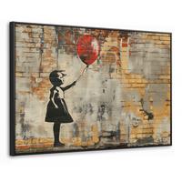 LEINWAND Bilder mit Rahmen - Graffiti - Banksy - Mädchen - Straßenkunst - 150x100 - Sandfarben, Textil (150/100cm) - MuchoWow
