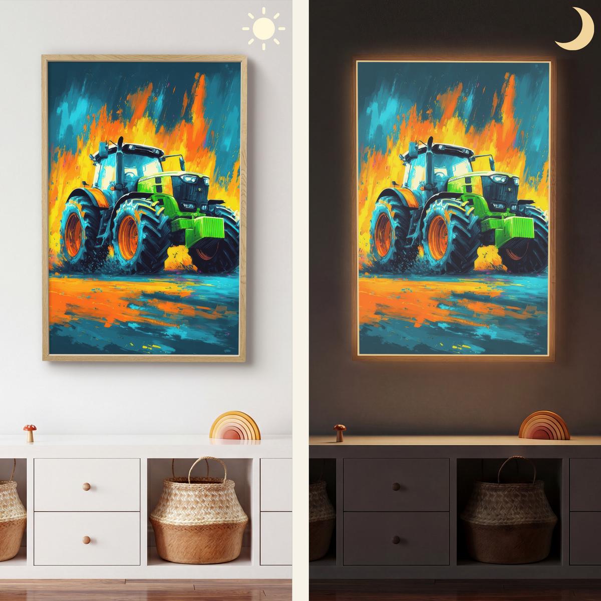 WANDLEUCHTE MIT AKKU Abstrakt - Traktor - Grün 70x100 cm - Dunkelblau, Holzwerkstoff (70/100/8cm) - OnlyWow