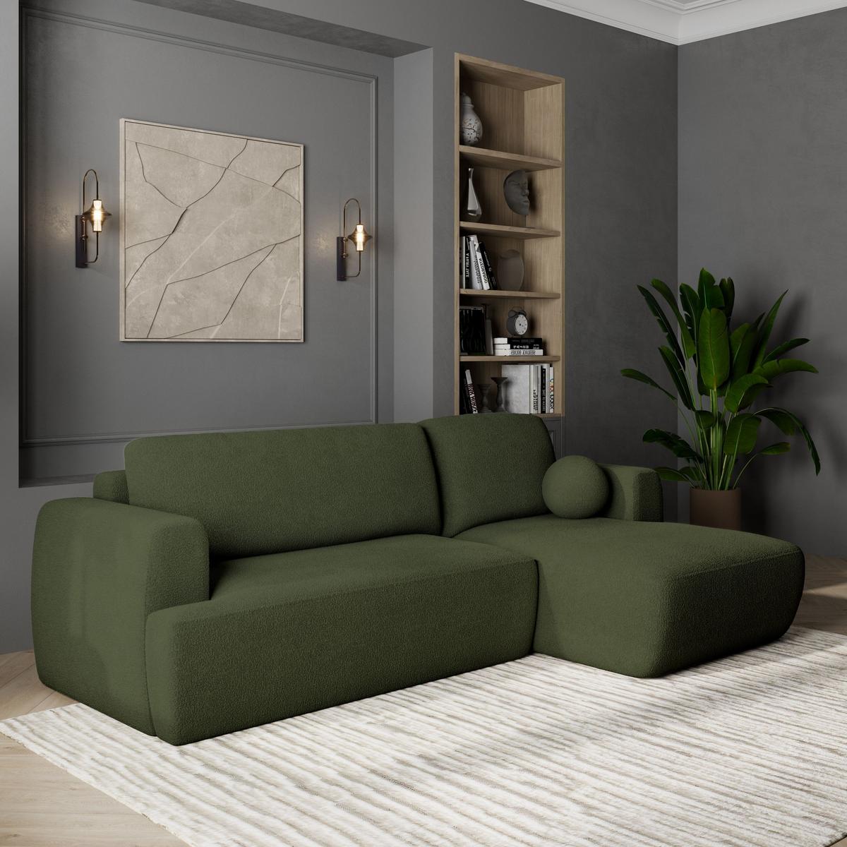 ECKSOFA SENTI N R-S Grün Boucle-Stoff mit Schlaffunktion - Schwarz/Grün, Holz/Kunststoff (246/148cm) - MASSENO