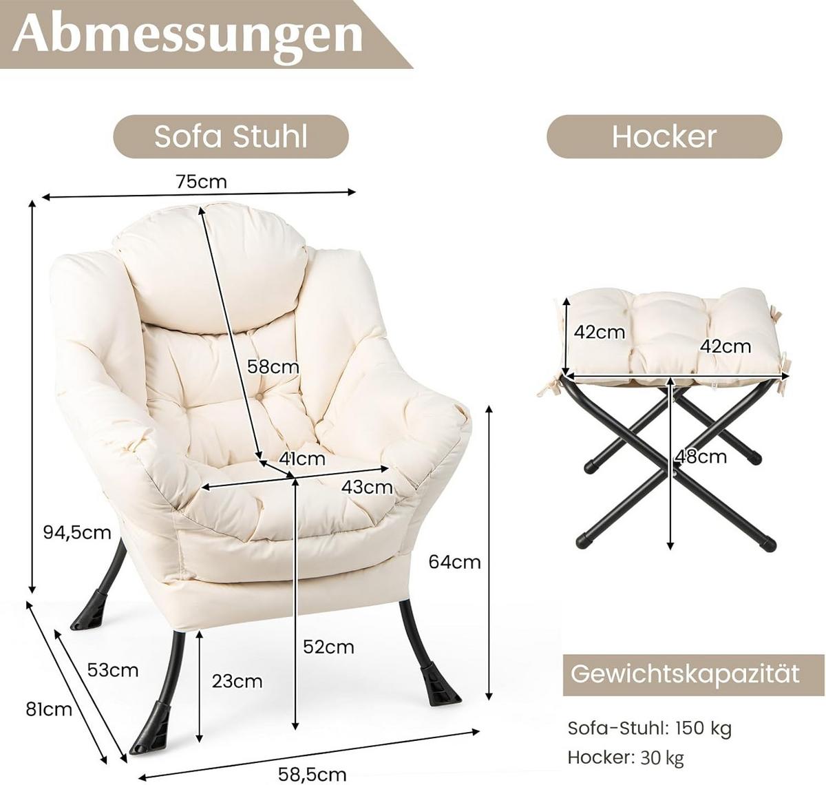 RELAXSESSEL 95cm Beige - Beige, Textil (81/95/75cm) - COSTWAY