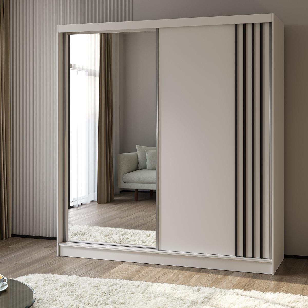 SCHWEBETÜRENSCHRANK NELVIA 200/216/61 cm 2-türig mit Spiegel Weiß - Weiß, Holzwerkstoff (200/216/61cm) - MASSENO