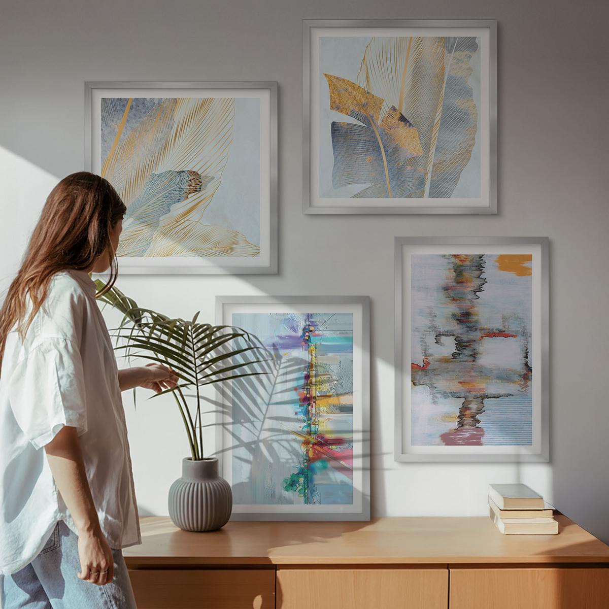 BILDER SET 4er Set - 50x50 cm & 40x60 cm Silberner Rahmen - Abstrakte Gemäldekompositionen - Silberfarben, Kunststoff (50/50cm) - TULUP
