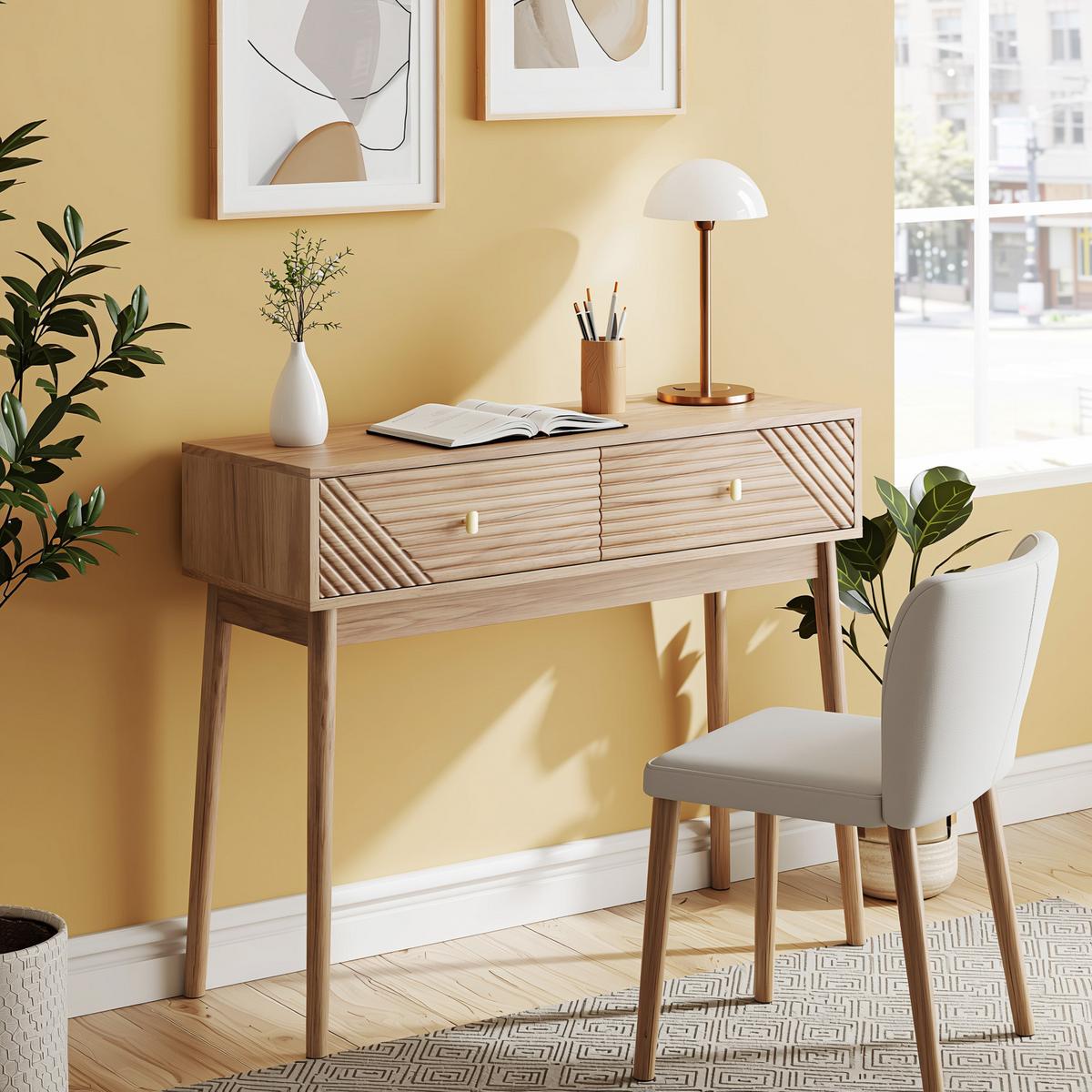 SCHMINKTISCH Moderner 100 cm Eiche Natur & Massivholz – Frisiertisch mit 2 Wellen-Schubladen im Mid-Century-Stil - Eichefarben, Holzwerkstoff (100/80/35cm) - Urban Meuble
